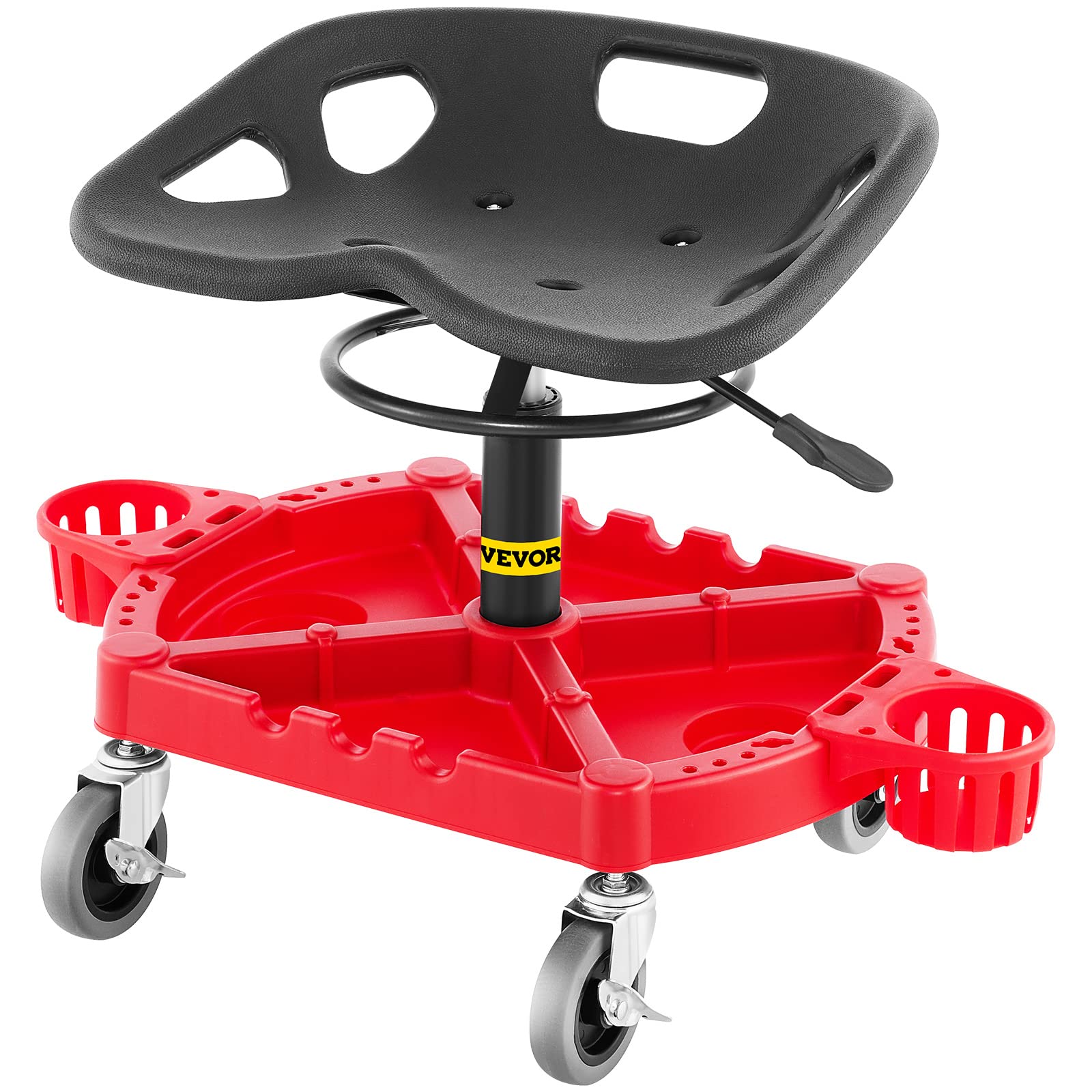 VEVOR Rolling Garage Stool, 300LBS Capacity, Adjustable Height from 18 in to 23 in, 360-degree Swivel Wheels (4"), Large Tool Tray with Two Bottle - WoodArtSupply