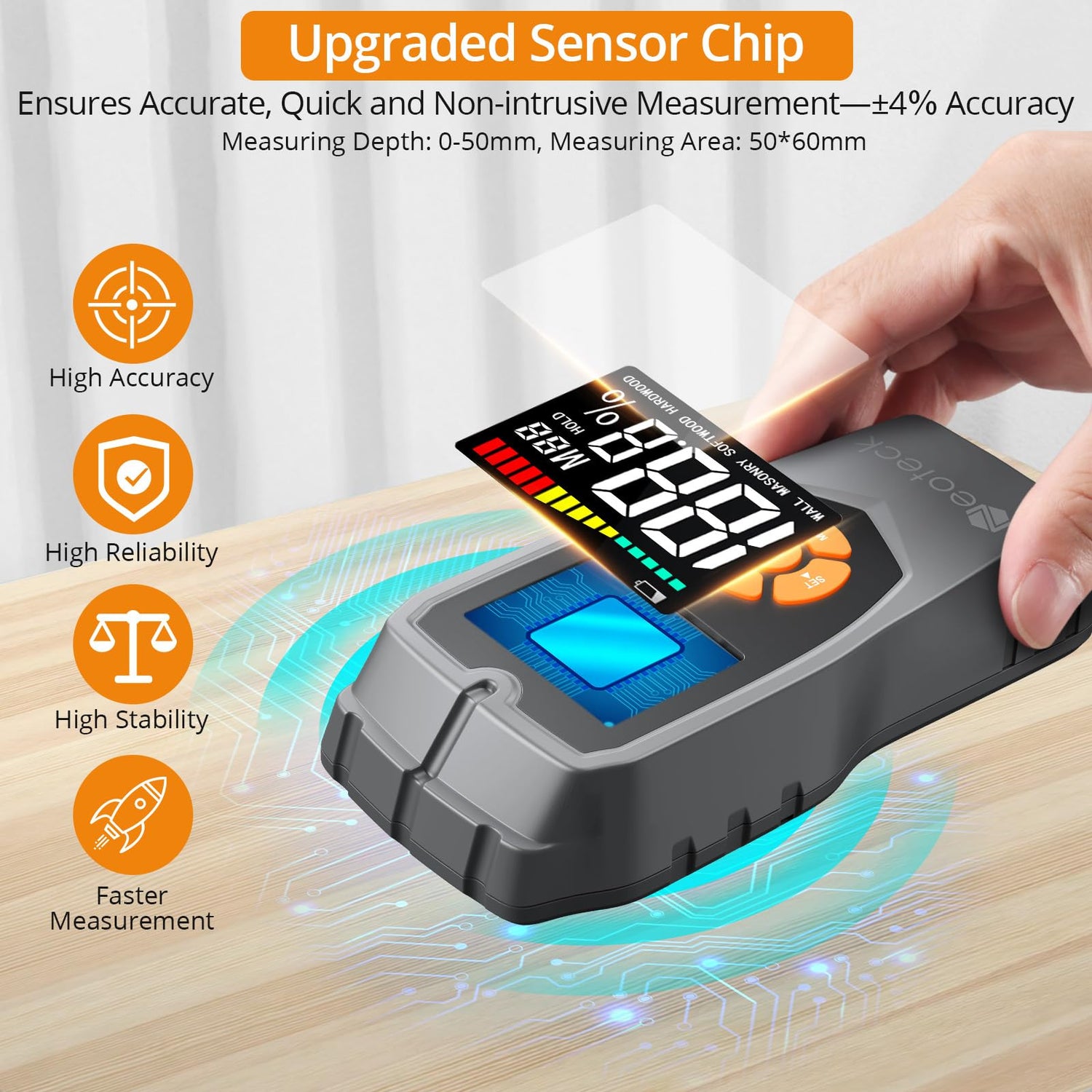 Neoteck Pinless Moisture Meter Non-Destructive Wood Moisture Meter Wood Moisture Detector with LCD Display Sound Alarm for Walls, Drywall, Wood, Neoteck