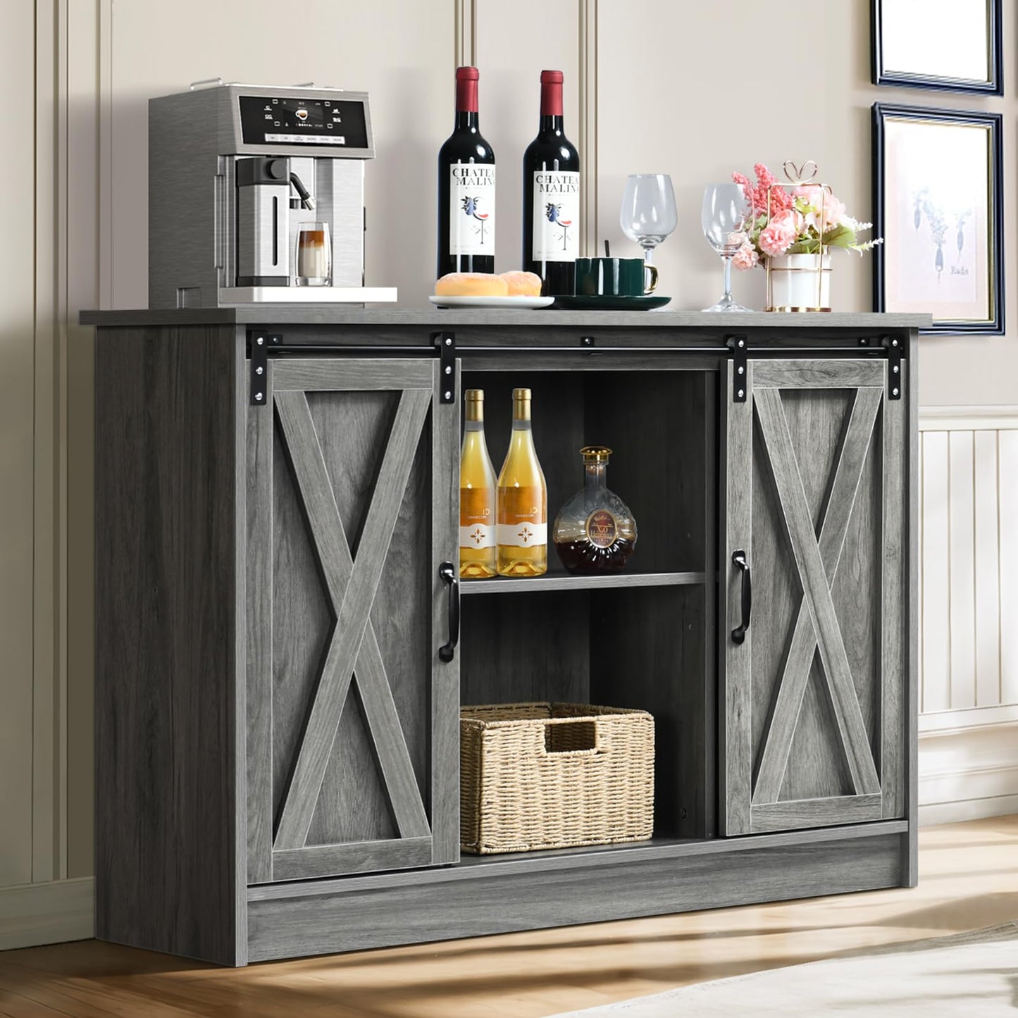 4 EVER WINNER Farmhouse Sideboard Buffet Cabinet with Storage, 42” Kitchen Cabinet with Sliding Barn Doors, Rustic Wood Coffee Bar Cabinet Table