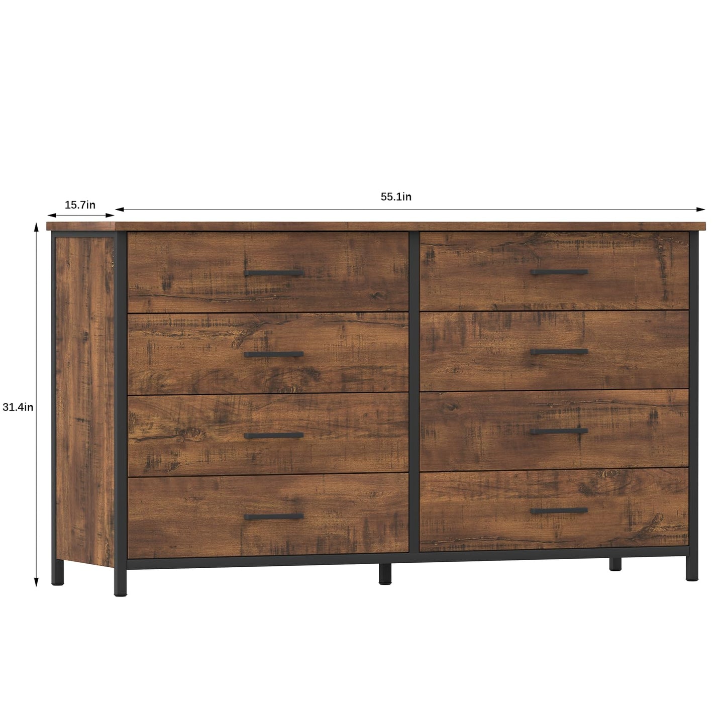 IKENO 8 Drawer Double Dresser, 55 inch Industrial Wood Storage Dressers & Chests of Drawers with Sturdy Steel Frame, Wood Rustic Large Storage - WoodArtSupply