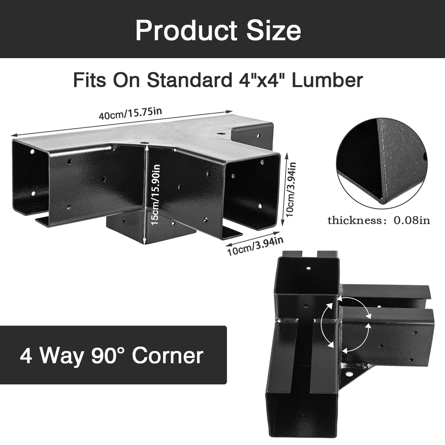 FMhotu 4x4 Pergola Brackets Kit, Glossy Black Steel 4 Way Right Angle Corner Bracket for 4x4 Wood Beams (Actual Size: 3.5×3.5inch), Post Base FMhotu