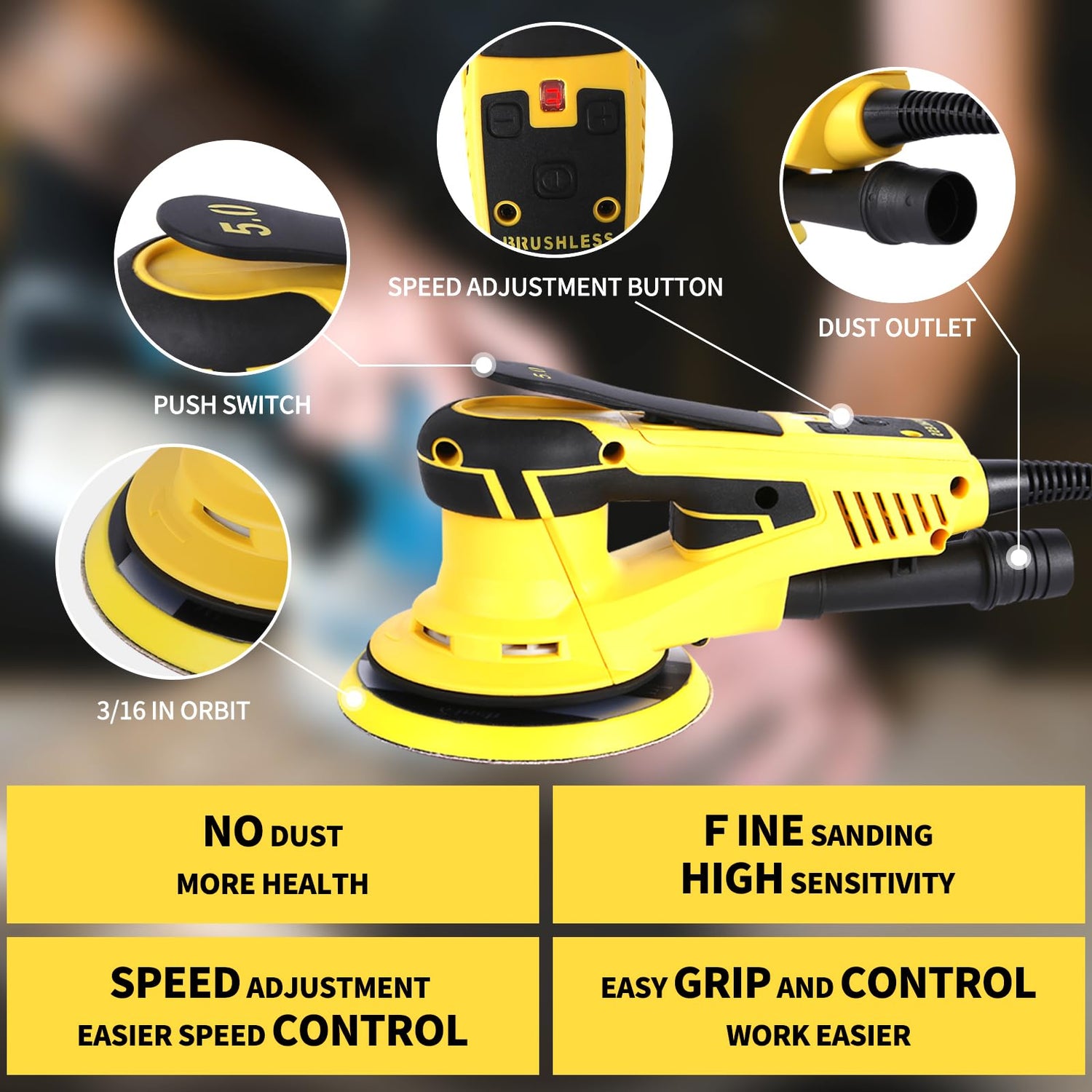 Electric Random Orbital Sander 350W Brushless Motor 3/16 inch Orbit, 110V 6-Inch 10000 RPM Variable Speed Tool for Metal Fabrication, Woodworking Hueborly