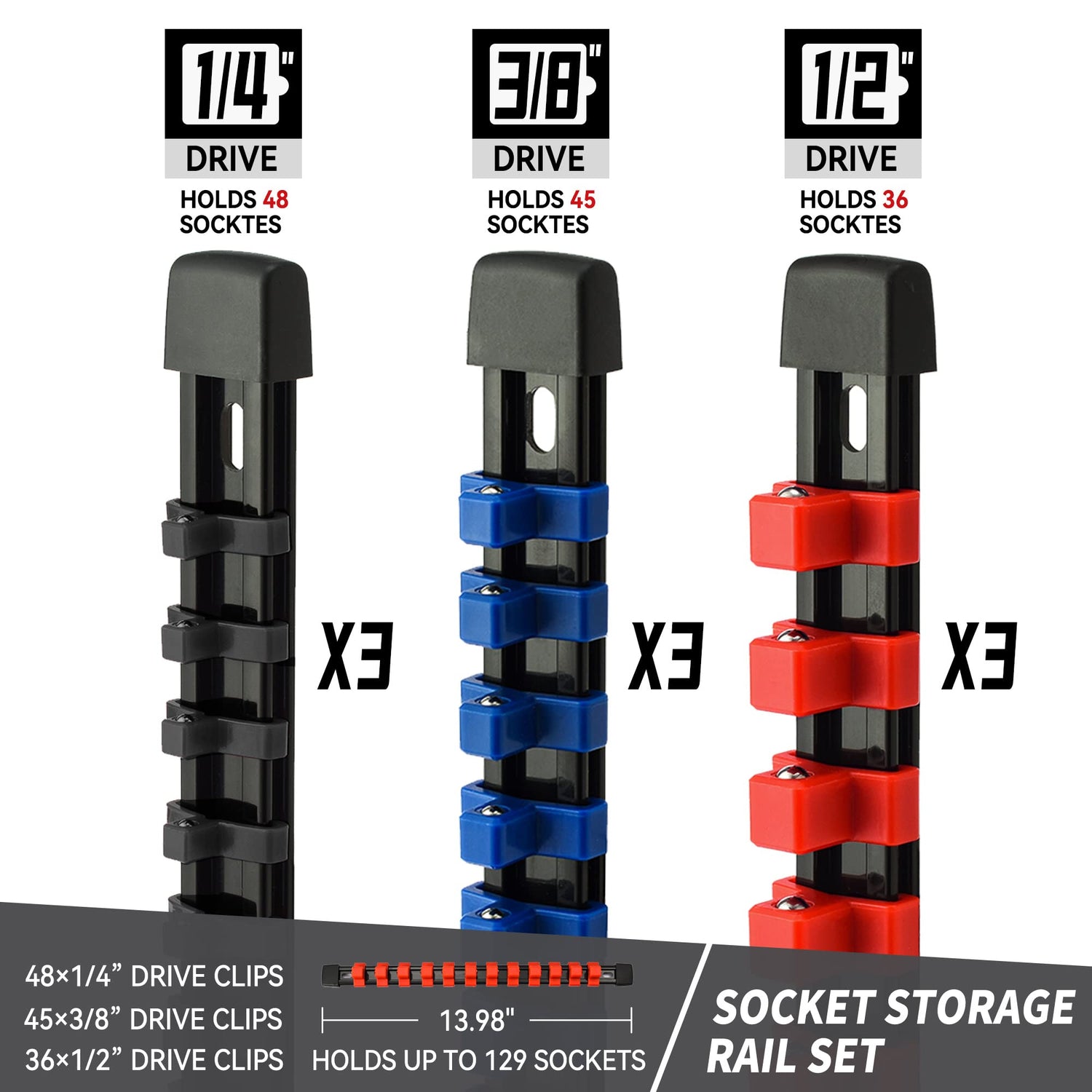 Reniteco Socket Organizer Drive ABS Tools-Socket Holder, Premium Quality 9 Pieces Holders Kit 1/4-Inch x 48 Clips, 3/8-Inch x 45 Clips, 1/2-Inch x 36 Reniteco