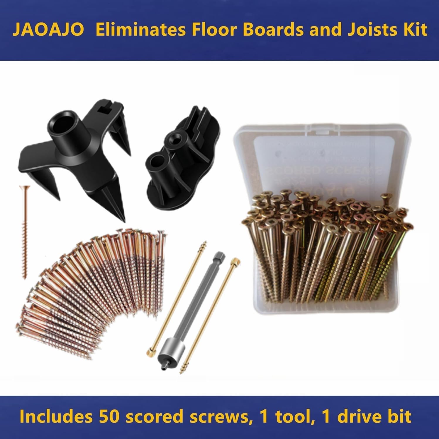 JAOAJO Floor Fix Screws Repair Kit with 5 Tools and 50 Screws for Wood Floors, Eliminate Squeaks Under Floor Loose JAOAJO