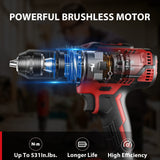 DCK Brushless Hammer Drill, 20V Max Hammer Drill Cordless, 531In-lb,36000 BPM,1/2" All-Metal Chuck, Variable Speeds, 22+1+1 Torque Setting, 4.0Ah DCK