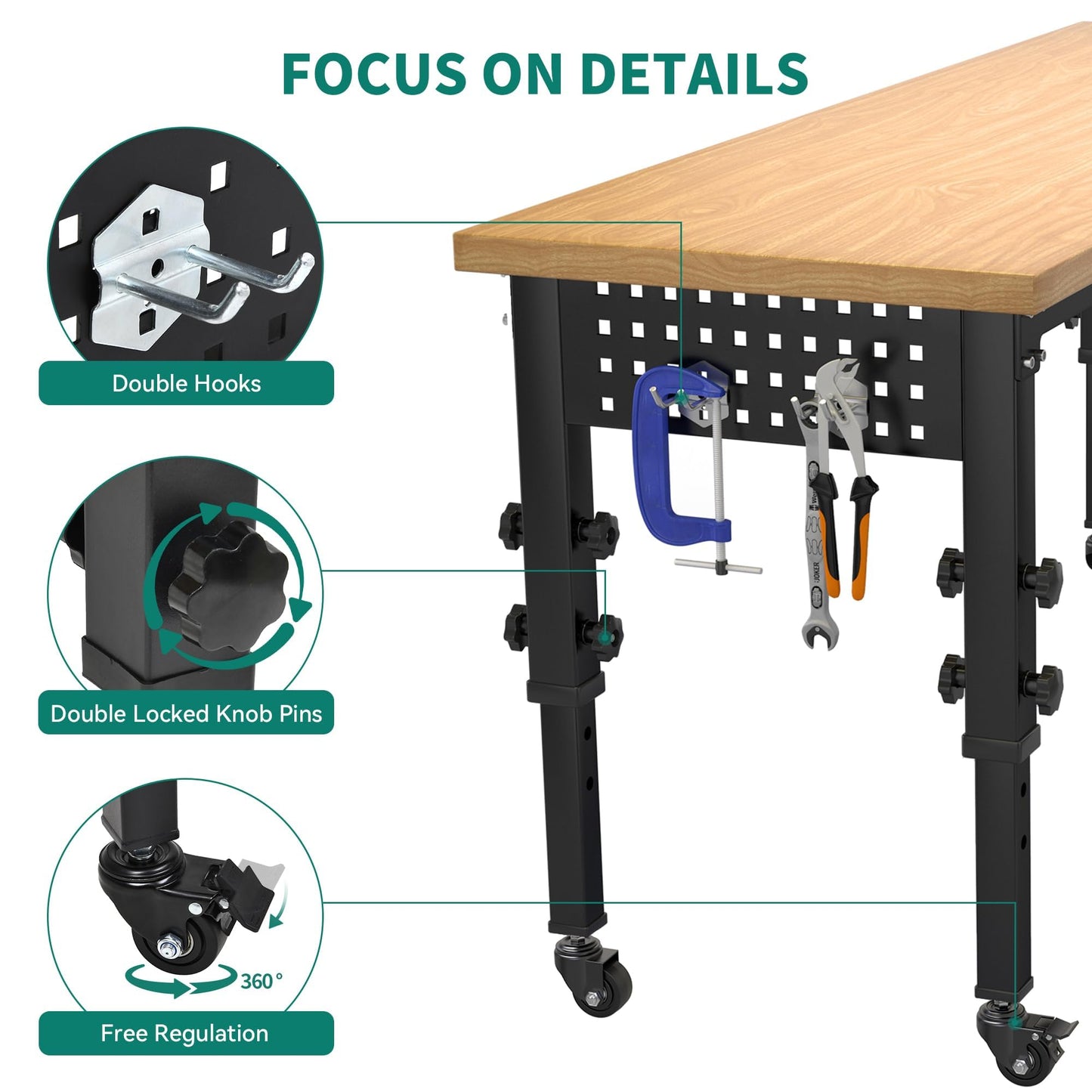 YITAHOME Workbench for Garage 48" L X 20" W Adjustable Workbench with Wheels, Heavy-Duty Worktable W/Pegboard & Power Outlets, 1600 LBS Load - WoodArtSupply