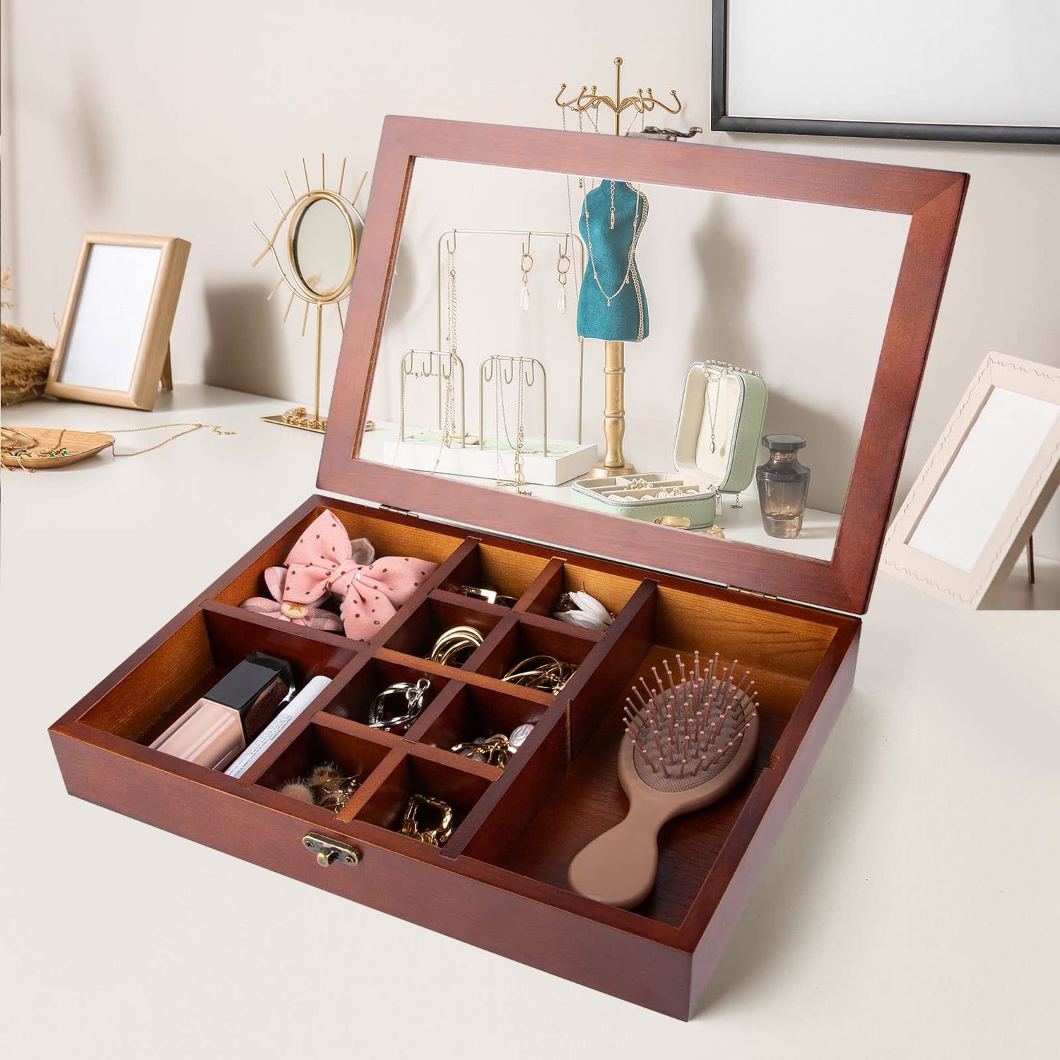 Mooncraftlogy Adjustable Rock Display Case, Crystal Collection Box with Shelves, Wood Witchy Stones Organizer Storage,Gem Holder with Lid for Mooncraftlogy