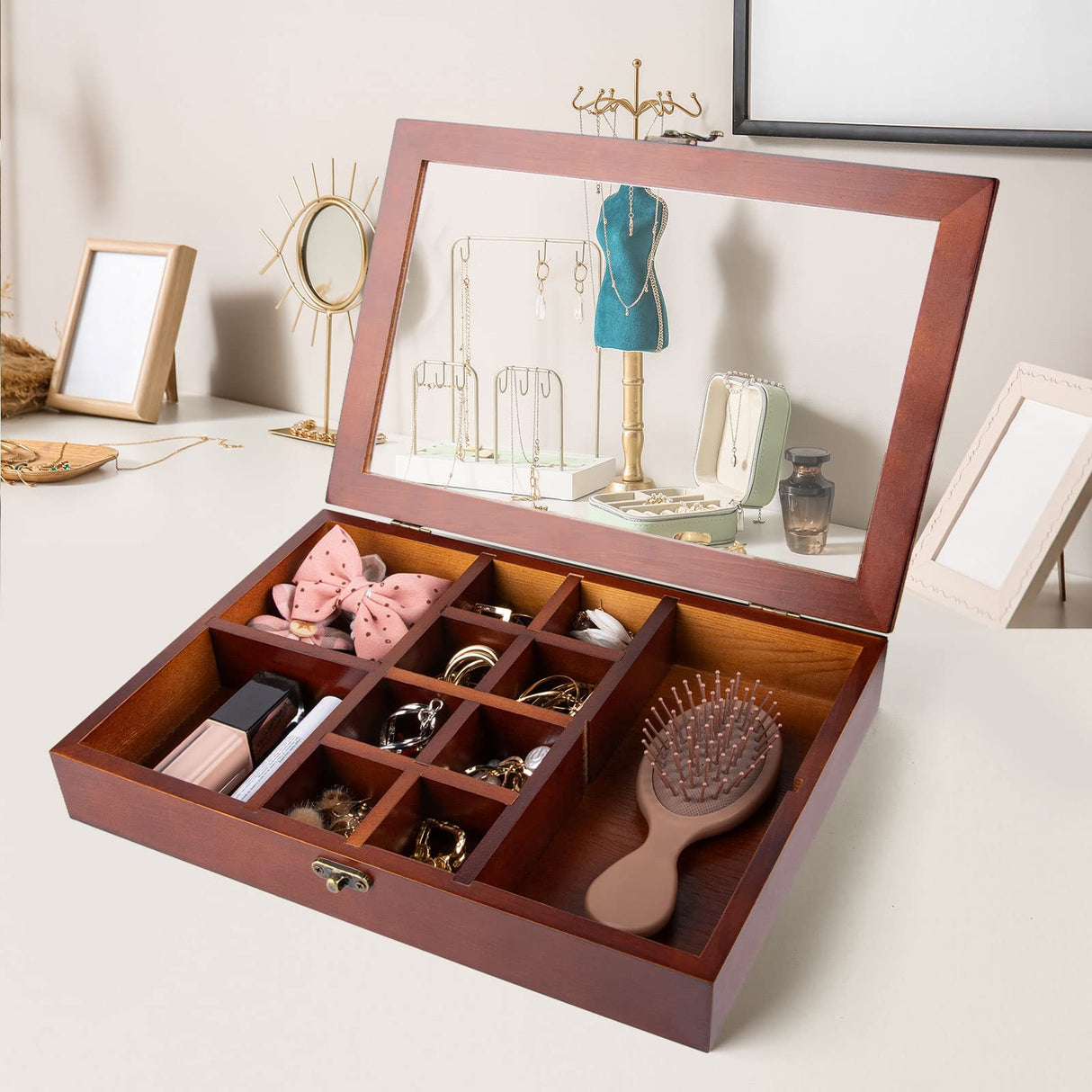 Mooncraftlogy Adjustable Rock Display Case, Crystal Collection Box with Shelves, Wood Witchy Stones Organizer Storage,Gem Holder with Lid for Mooncraftlogy