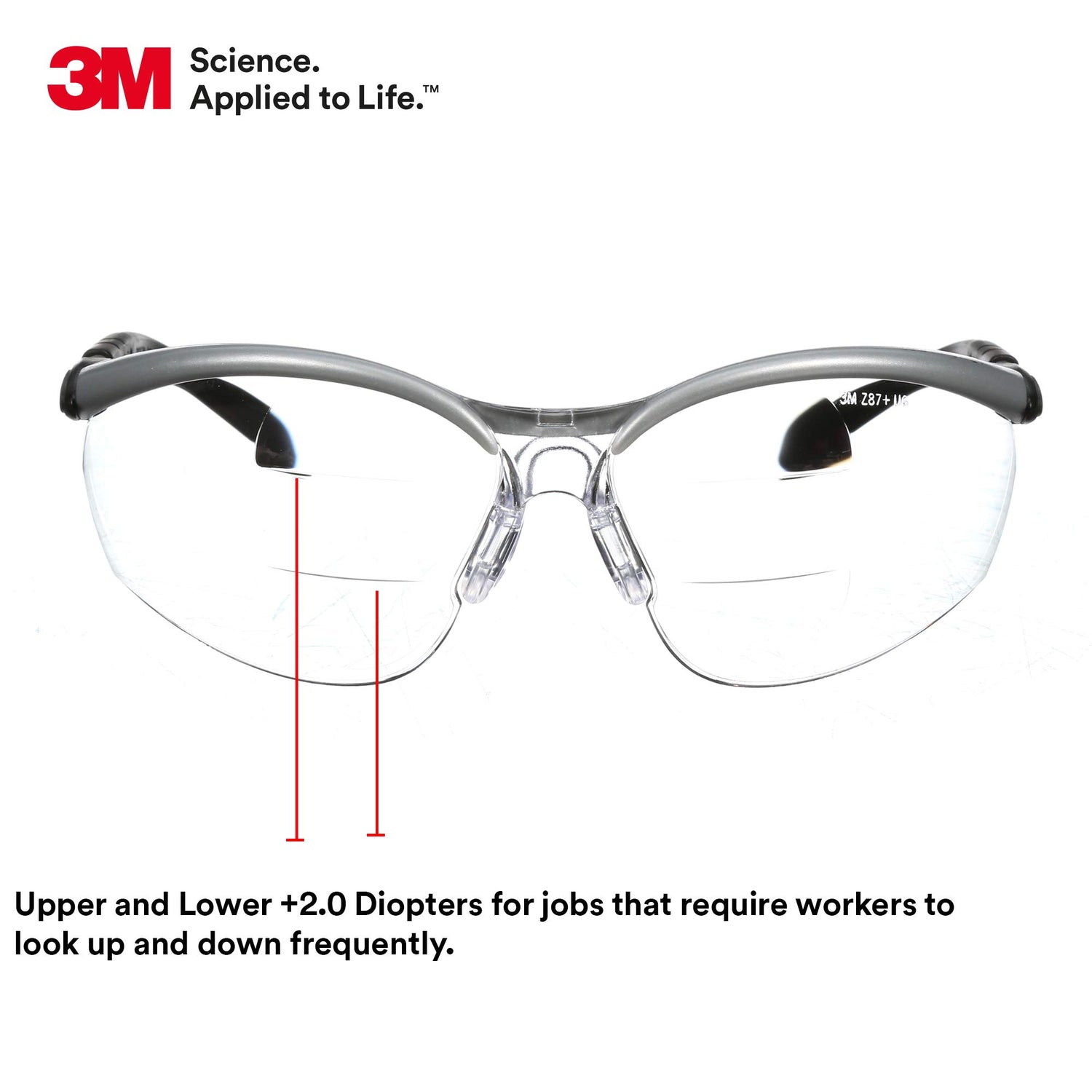 3M Safety Glasses, BX Dual Readers, +2.0, ANSI Z87, Anti-Fog Clear Lens, Silver/Black Frame, Adjustable Length Temples and Lens Angle 3M