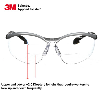 3M Safety Glasses, BX Dual Readers, +2.0, ANSI Z87, Anti-Fog Clear Lens, Silver/Black Frame, Adjustable Length Temples and Lens Angle