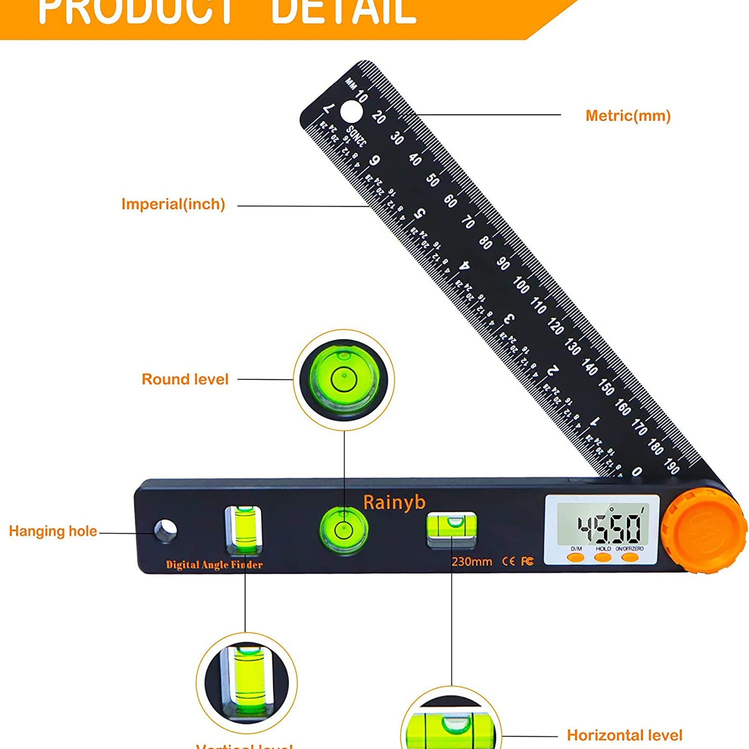 Rainyb Digital Angle Finder Tool 7inch 0-360 degree LED Digital Protractor with Horizontal Vertical Bubble Levels and Ruler Meter Accurate Tools for Rainyb