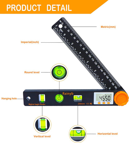 Rainyb Digital Angle Finder Tool 7inch 0-360 degree LED Digital Protractor with Horizontal Vertical Bubble Levels and Ruler Meter Accurate Tools for - WoodArtSupply