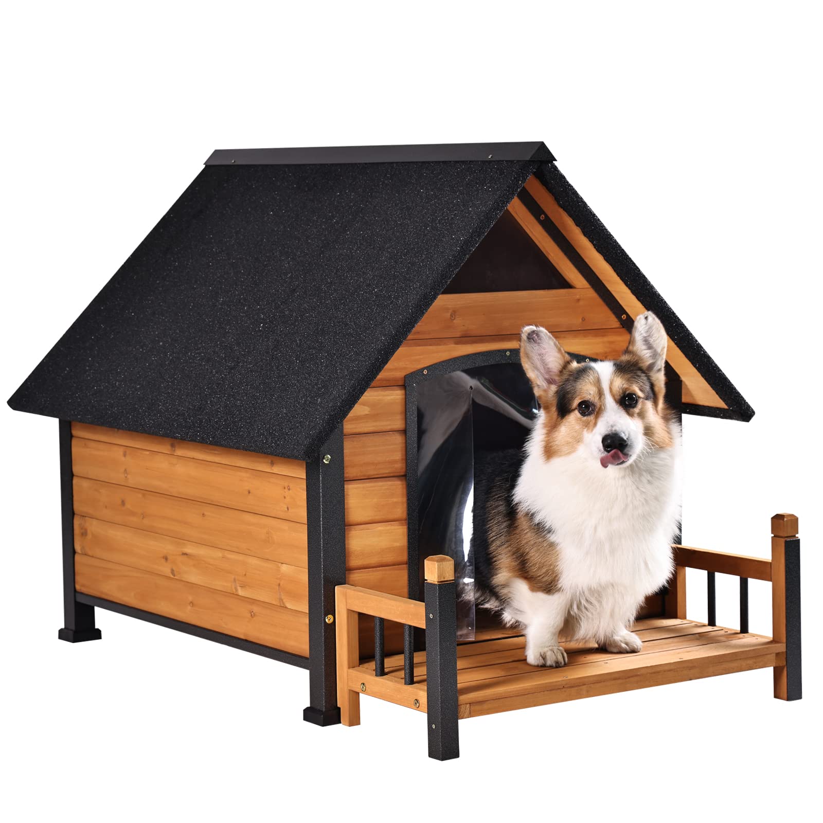 Dog House Outdoor Indoor Wooden Dog Cage with All Iron Frame Anti-Chewing for Small Medium Large Dogs Use,Raise Floor with Customized Plastic Feet - WoodArtSupply