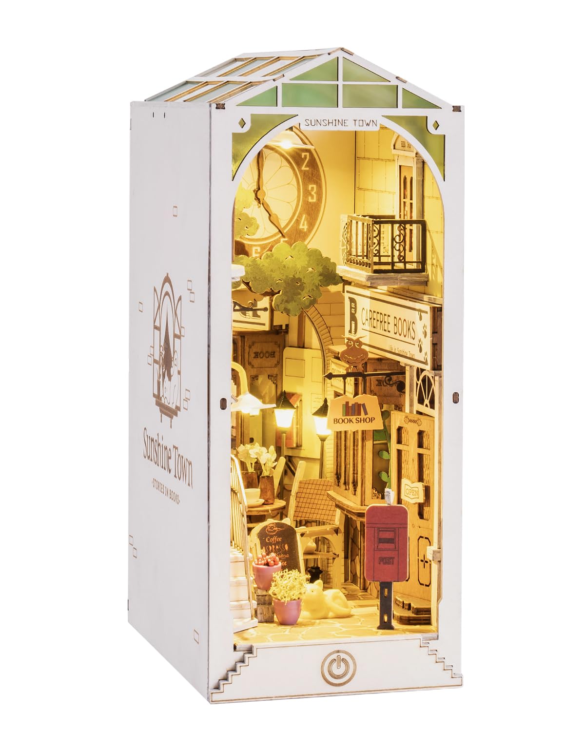 Rowood Book Nook Kits for Adults Bookshelf Insert Decor Alley 3D Wooden Puzzle Bookend DIY Craft Kits for Adults with LED Light - Sunshine Town RoWood