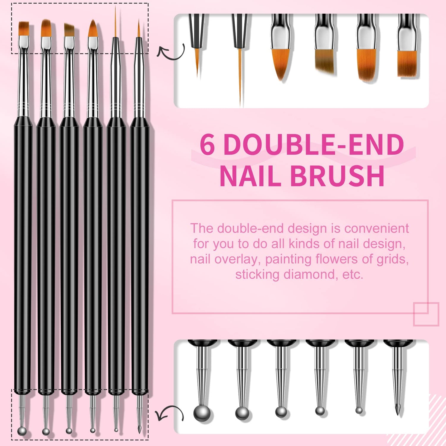 Saviland Nail Art Brushes Set - 6pcs Double-End Nail Art Brushes Kit Professional Nail Art Tools Kit with Painting Dotting Line Pen for Gel Polish SAVILAND