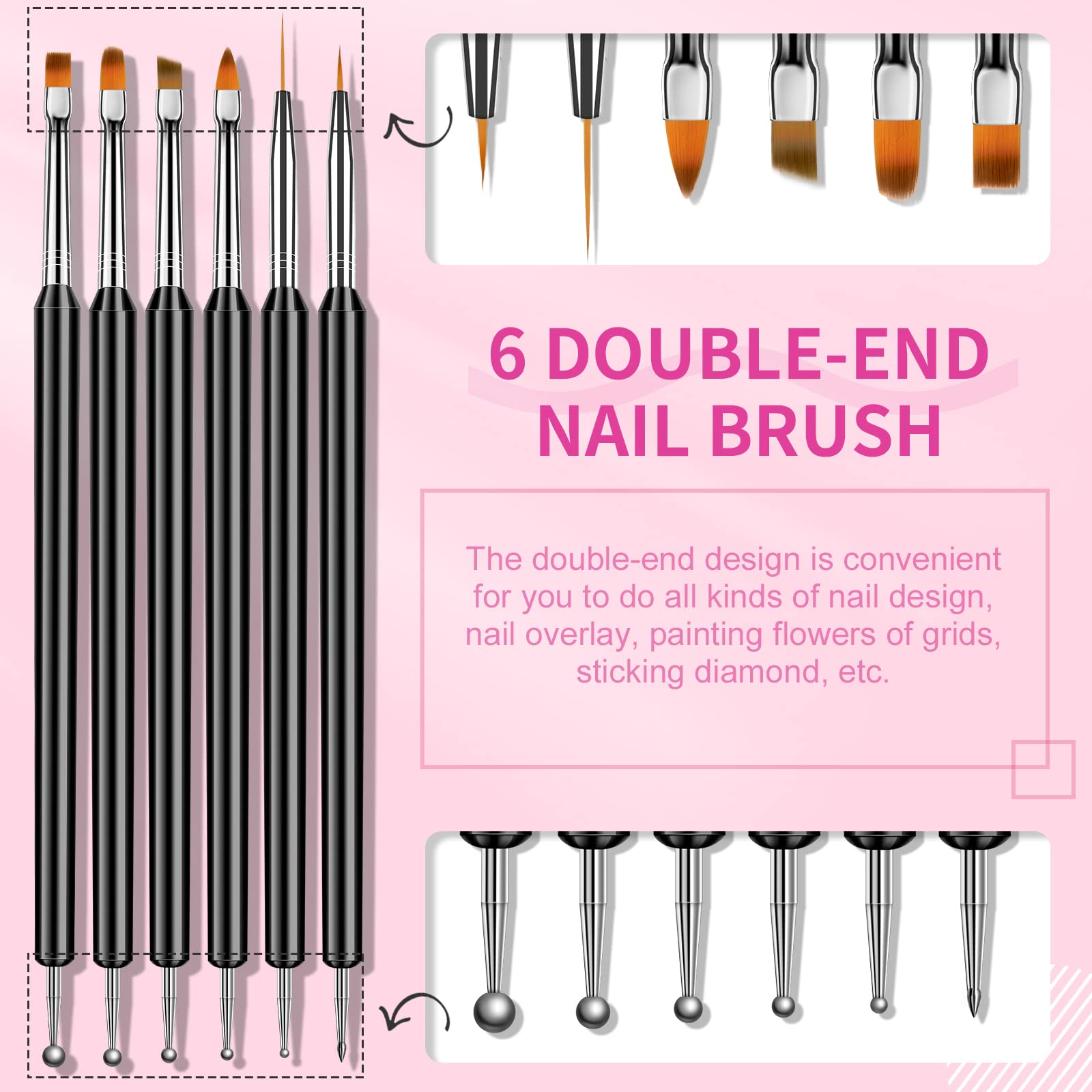 Saviland Nail Art Brushes Set - 6pcs Double-End Nail Art Brushes Kit Professional Nail Art Tools Kit with Painting Dotting Line Pen for Gel Polish - WoodArtSupply