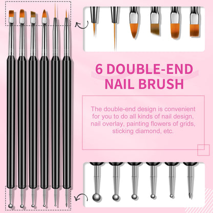 Saviland Nail Art Brushes Set - 6pcs Double-End Nail Art Brushes Kit Professional Nail Art Tools Kit with Painting Dotting Line Pen for Gel Polish