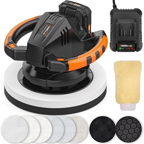 THINKWORK Buffer Polisher, 20V Cordless Buffer Polisher, 10 Inch Portable Polishing Machine Kit for Car, with 2Ah Rechargeable Battery, 6 Variable THINKWORK