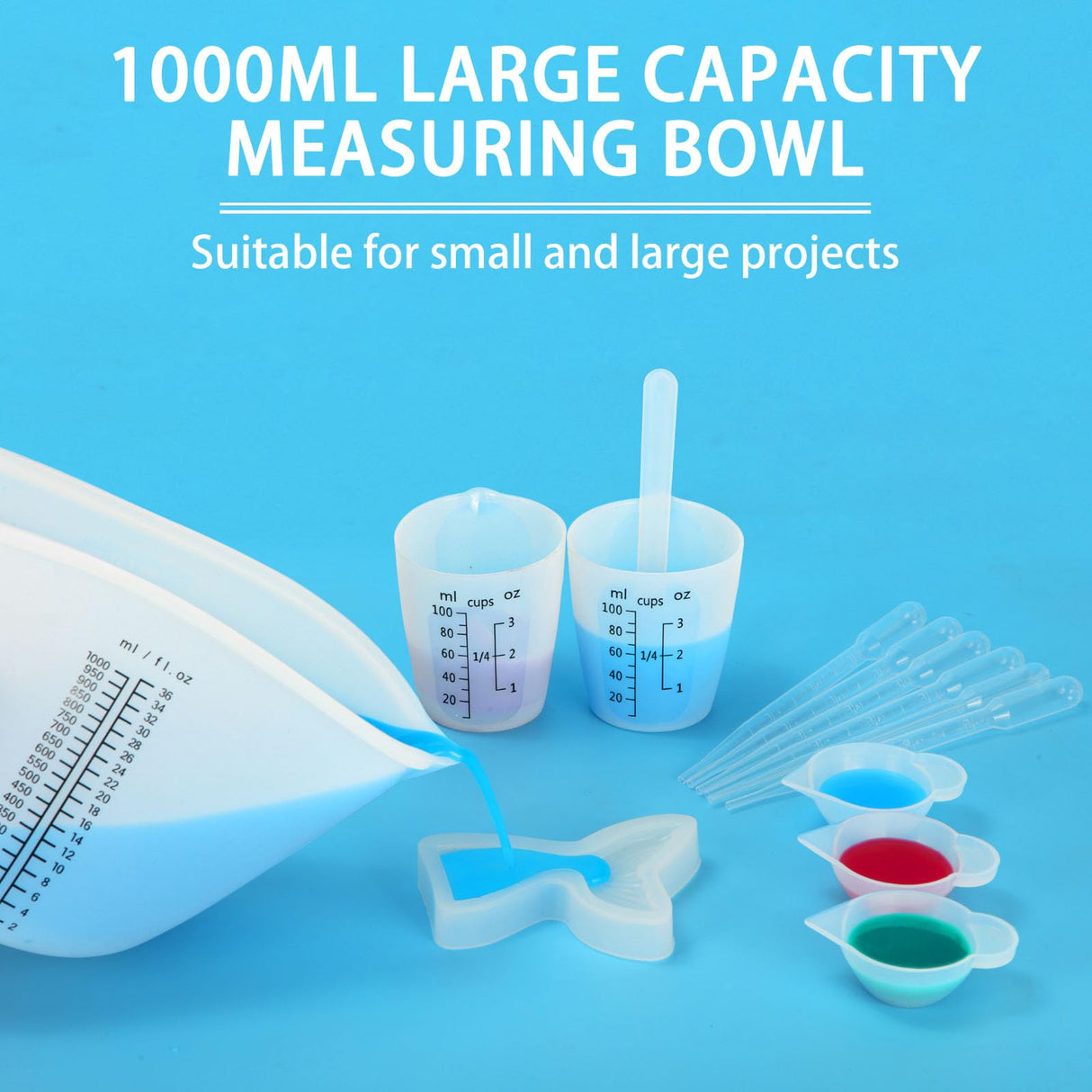 Creahaus 1000ML Large Silicone Measuring Cups for Resin, Easy to Read 36oz Silicone Mixing Bowl with 100ML Silicone Resin Mixing Cup, Easy Clean Creahaus