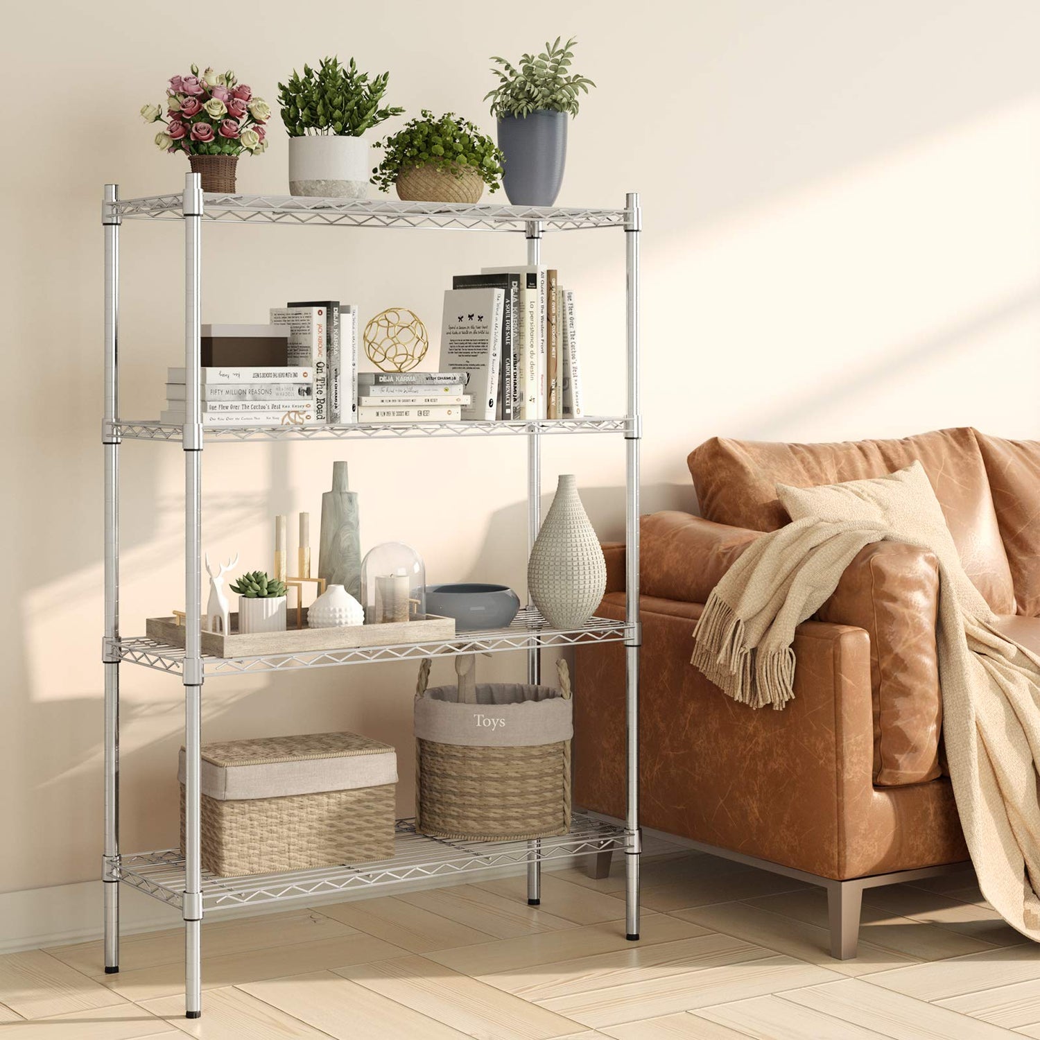 Auslar 4-Shelf Storage Wire Shelves Heavy Duty 4 Tiers Standing Shelving Units Adjustable Metal Organizer Wire Rack, Chrome Auslar