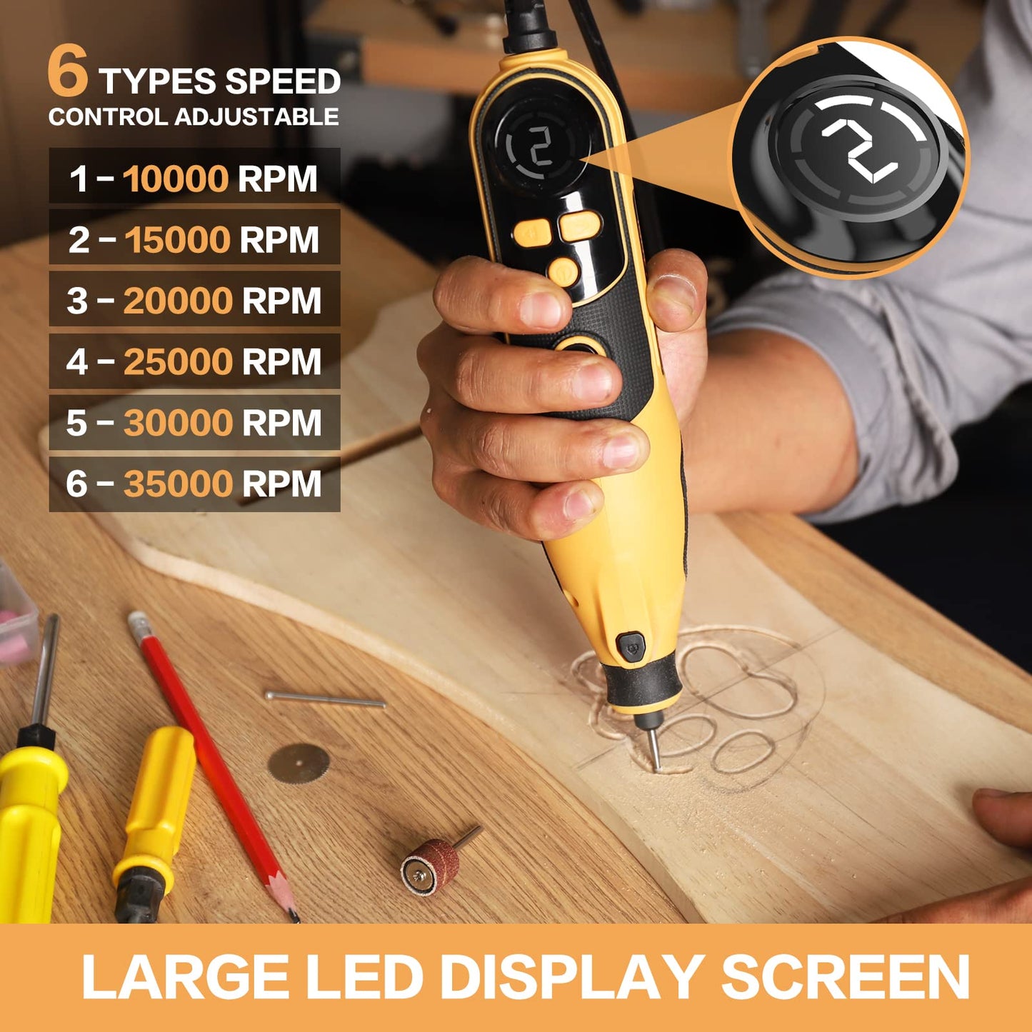 Rotary Tool, Handstar Rotary Tool Kit, 6 Variable Speed Electric Drill Set, Large LED Screen Display, 10000-35000 RPM with Flex Shaft and Carrying - WoodArtSupply