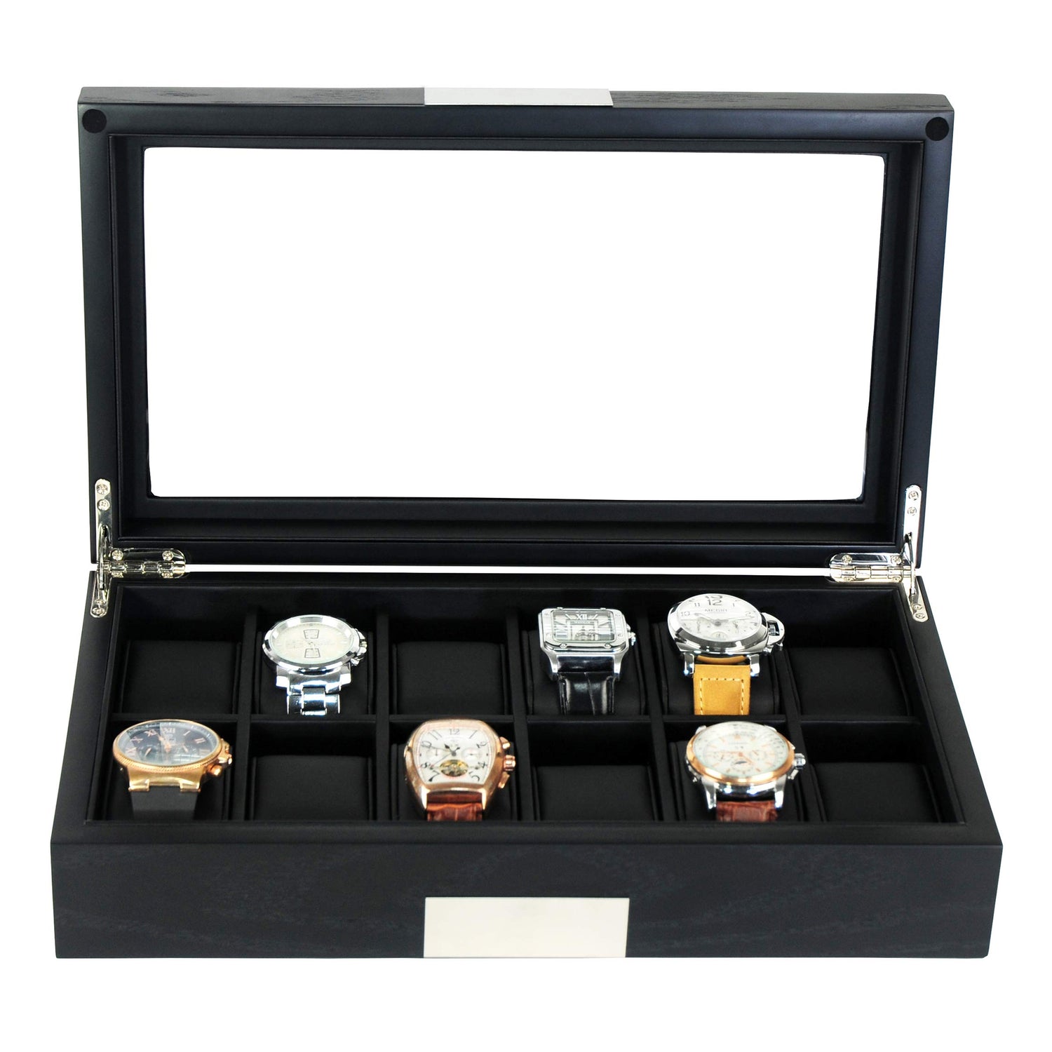 TIMELYBUYS Personalized 12 Black Wood Watch Box Display Case Storage Jewelry Organizer with Glass Top, Stainless Steel Accents, and Oversized Deluxe TIMELYBUYS
