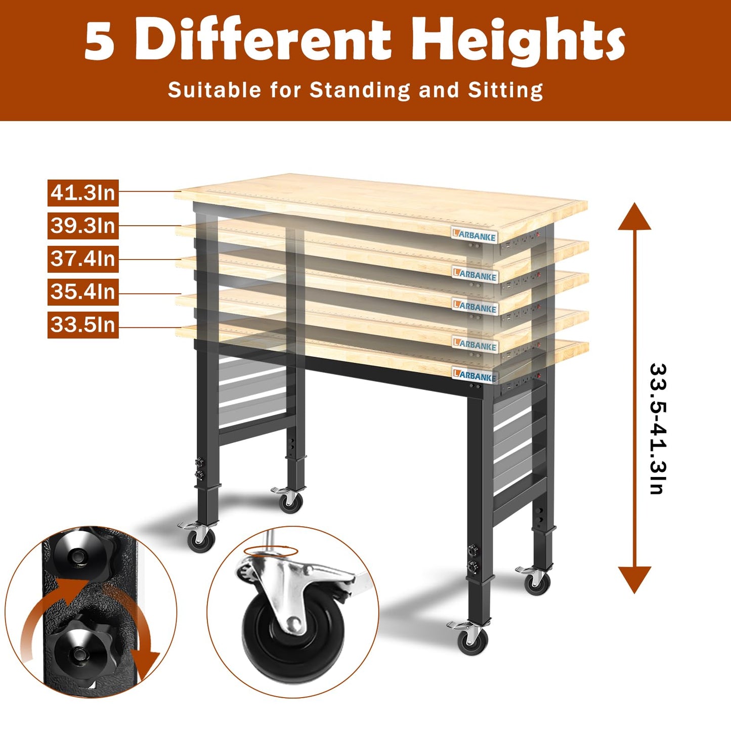 LARBANKE Adjustable 48" Workbench,Multiple Height Adjustments Workstation,Workbench with Scale,Power Plate and Wheels,for Home,Garage,Office,Holds up - WoodArtSupply