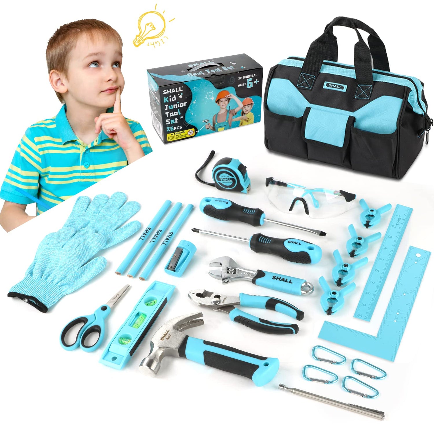SHALL 26-Piece Kids Size Tool Set, Real Tools Kit for Kids with 12" Tool Bag, Safety Certified Children Learning Tool Set with Hand Tools for Boys & SHALL