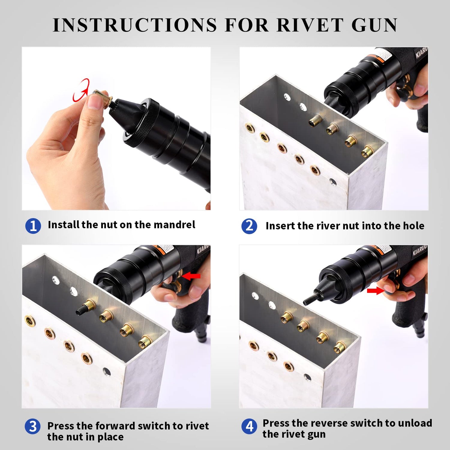 KIARUO Pneumatic Rivet Nut Gun with Self-locking Head Gun 1/4 & 5/16 & 3/8 Mandrels,Industrial Grade Adjustable Speed Pull Rivnut Gun Model:LM07 KIARUO