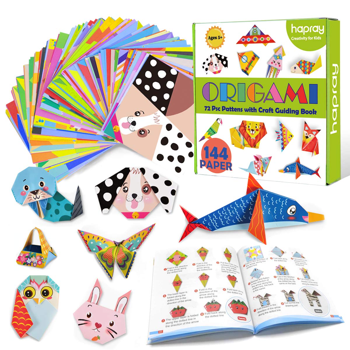 hapray Origami Kit 144 sheets Origami Paper for Kids 72 Patterns with Craft Guiding Book - WoodArtSupply