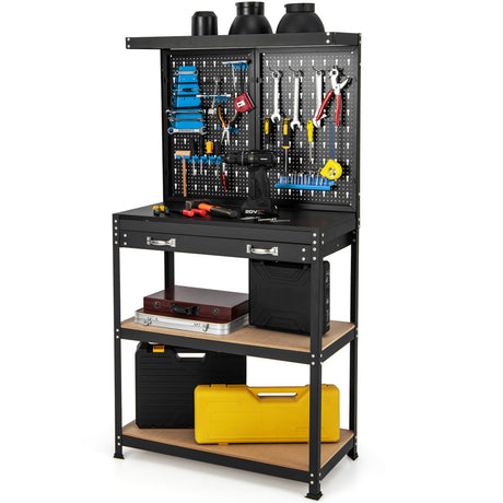 S AFSTAR Garage Workbench with Drawers, 32 x 16 Inches Tool Storage Workbench with Peg Board & 2 Lower Shelves, 14 Hanging Accessories, 220 LBS S AFSTAR