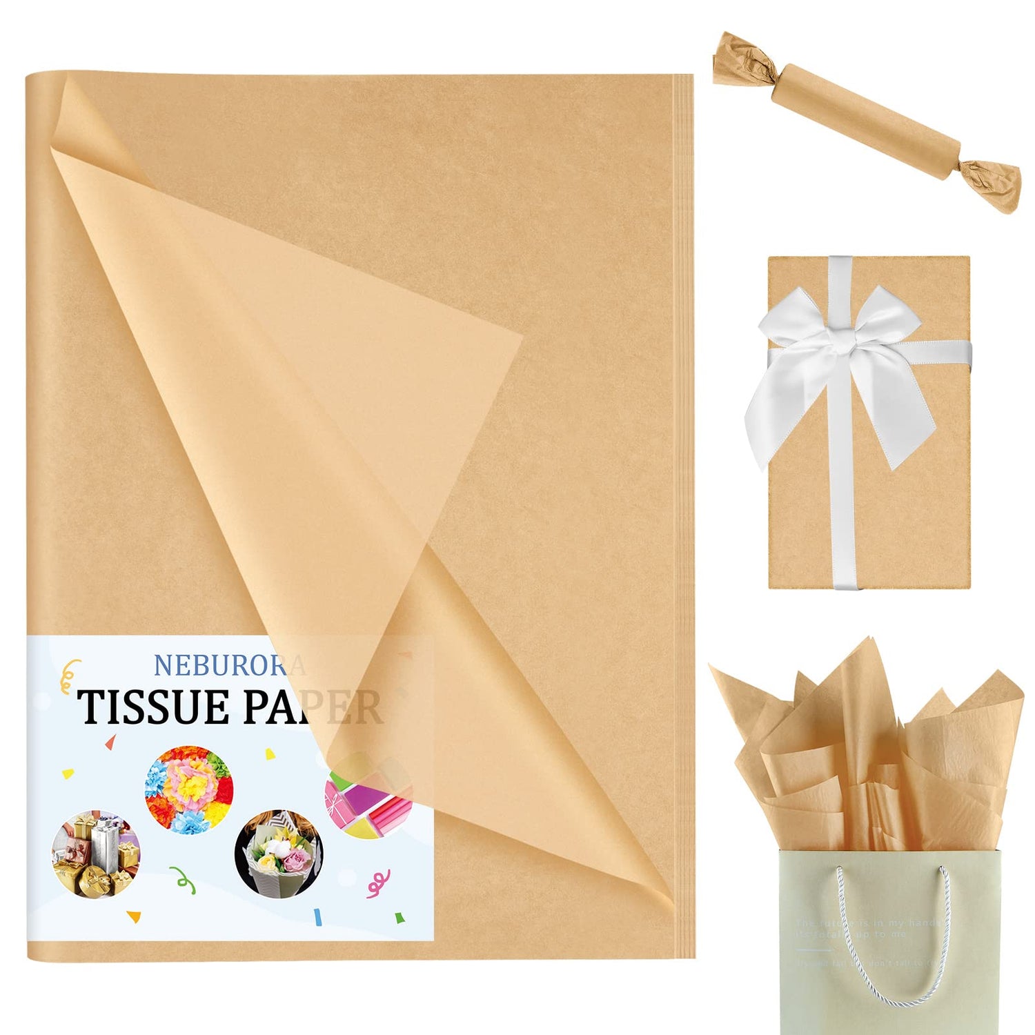 NEBURORA Kraft Tissue Paper for Gift Bags 60 Sheets Beige Wrapping Tissue Paper Bulk 14 X 20 Inch Brown Wrapping Paper for Gift Packaging Filler Art NEBURORA