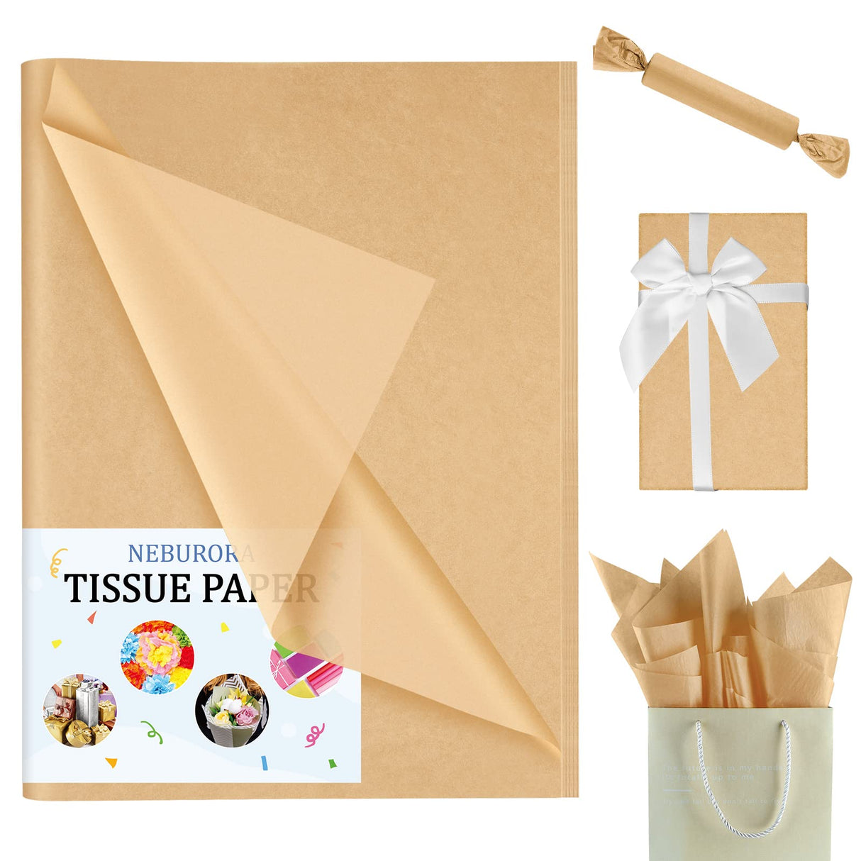 NEBURORA Kraft Tissue Paper for Gift Bags 60 Sheets Beige Wrapping Tissue Paper Bulk 14 X 20 Inch Brown Wrapping Paper for Gift Packaging Filler Art NEBURORA