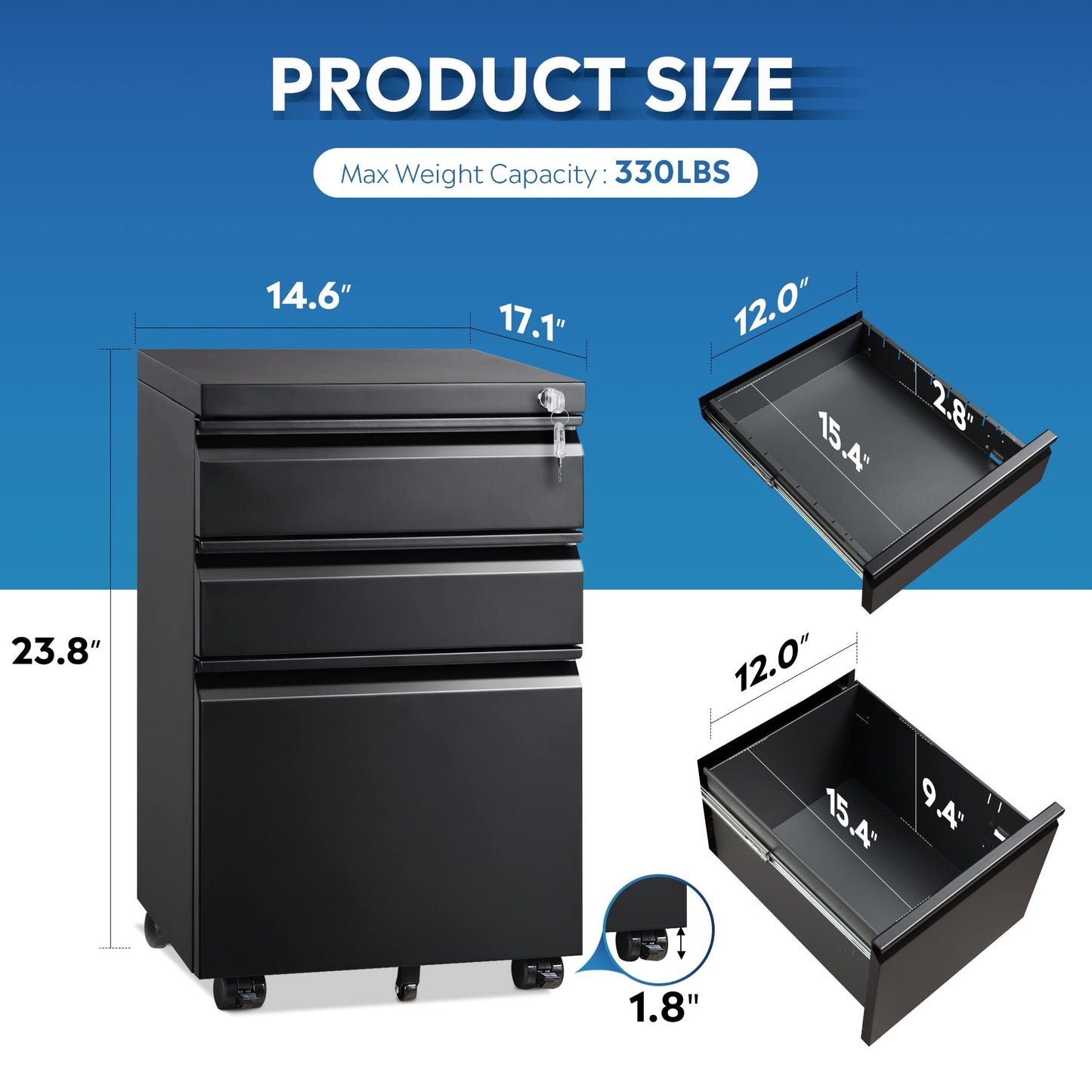 DEVAISE 3 Drawer Mobile File Cabinet Under Desk Office, Fully Assembled Except Casters, Letter/Legal Size, Black - WoodArtSupply