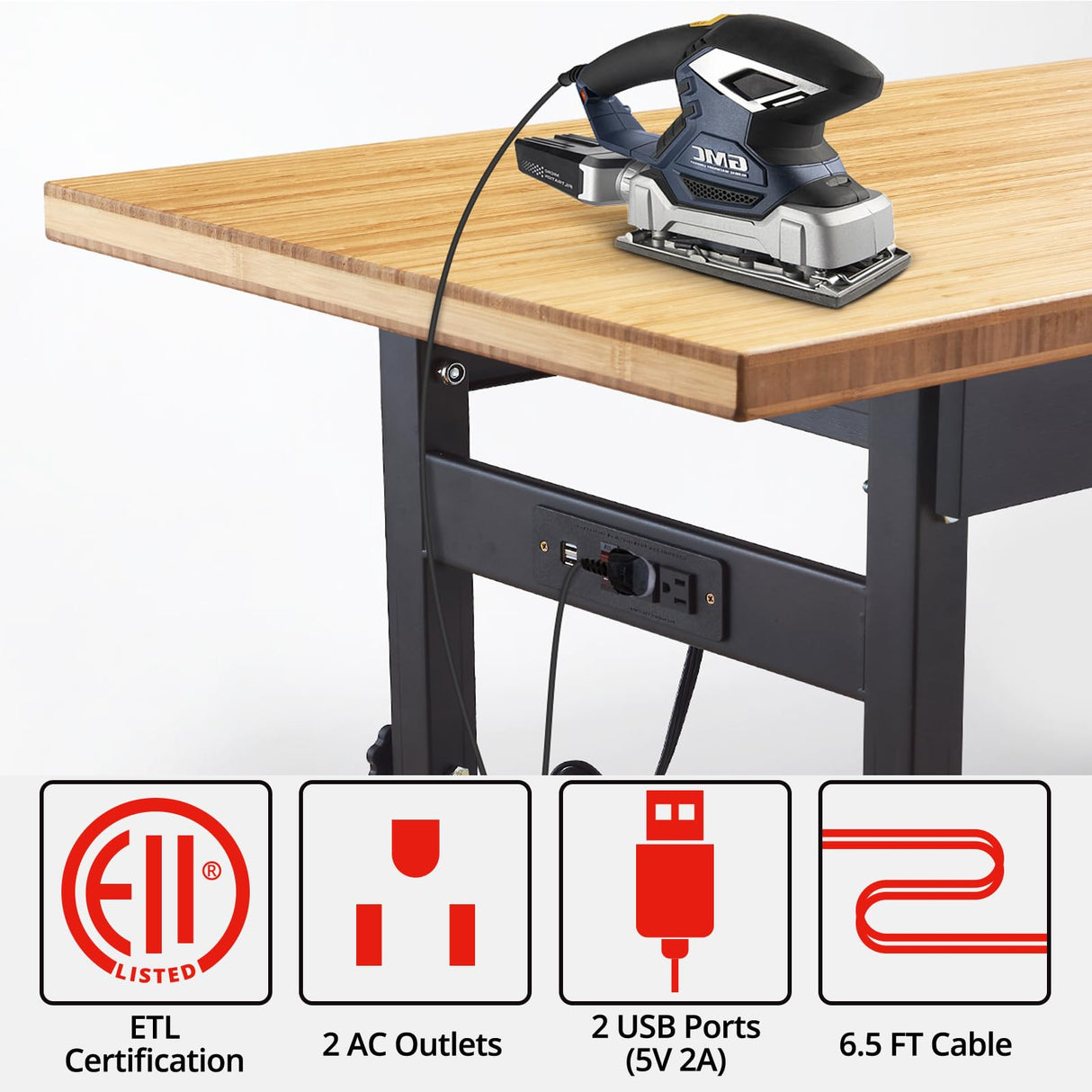 Work Bench, Adjustable Workbench with Drawer | Wheels | Power Outlet, 2700 LBS Load Capacity Heavy Duty Work Bench, Bamboo Wood Desktop Work Table HONRISE