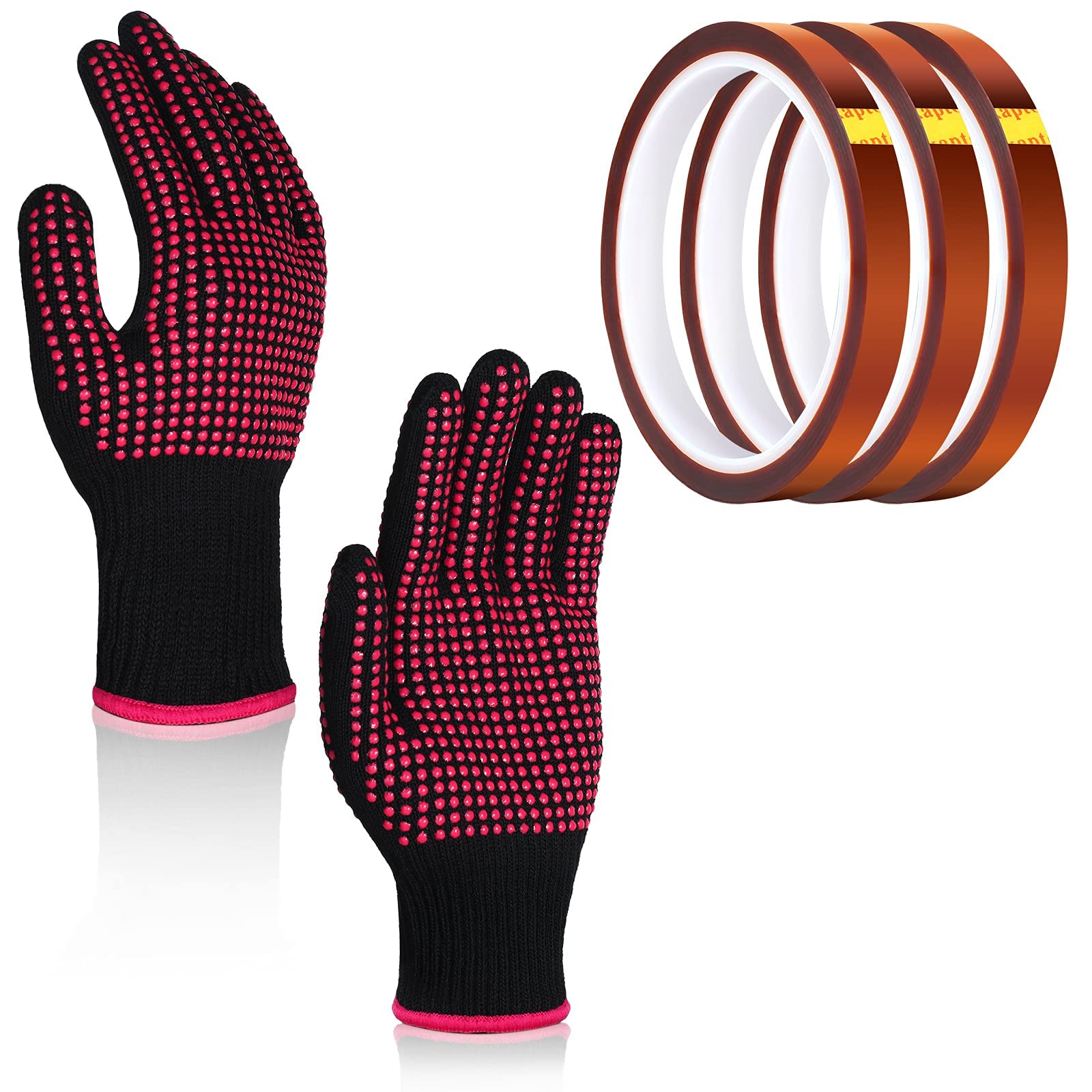 Tondiamo Heat Resistant Gloves with Silicone Bumps and 3 Rolls 10mm x 33m 108 ft Heat Press Tape for Hair Styling - WoodArtSupply