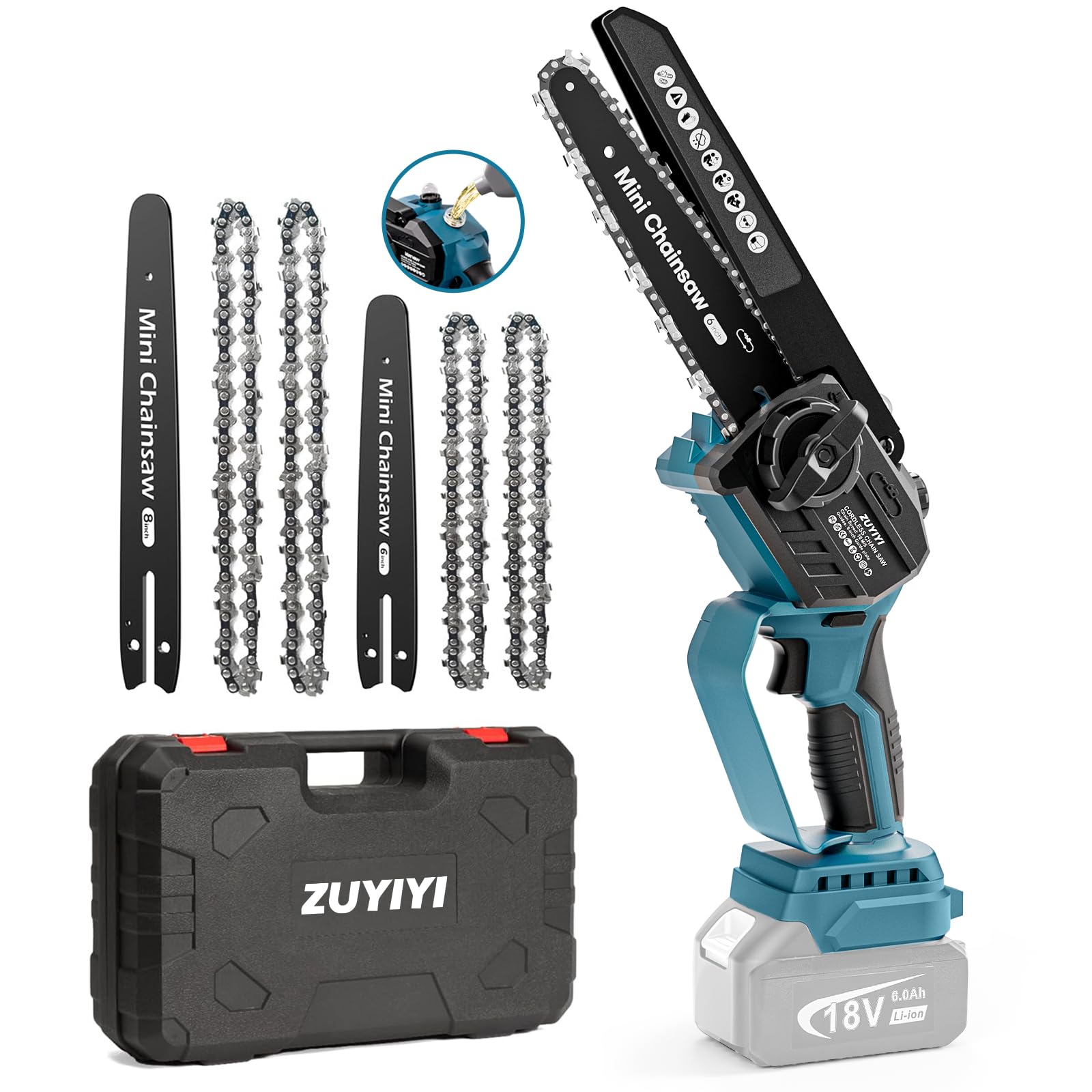 ZUYIYI Mini Chainsaw Cordless 6 Inch & 8 Inch for Makita 18V Battery, Brushless Handheld Chain Saw with Oiler Electric Chainsaw for Garden Courtyard - WoodArtSupply