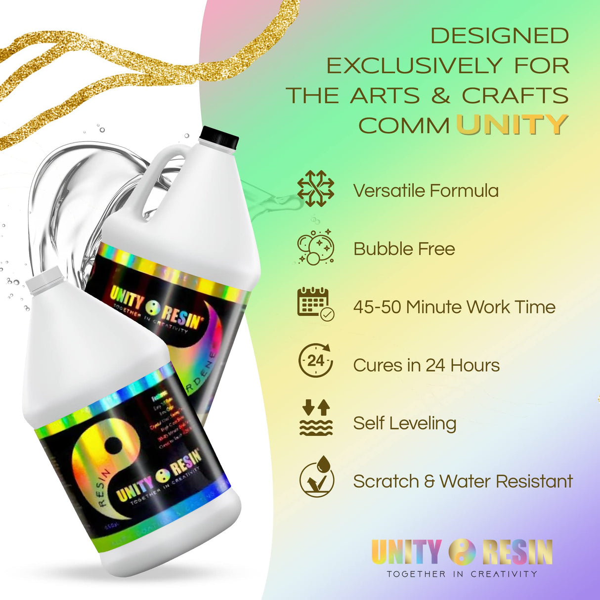 UNITY RESIN- Premium 1 Gallon Epoxy Resin, Crystal Clear & Low Bubbles, Non-Yellow UV Protection with HALS, Versatile & Easy-to-Use 1:1, Coating & Unity Resin