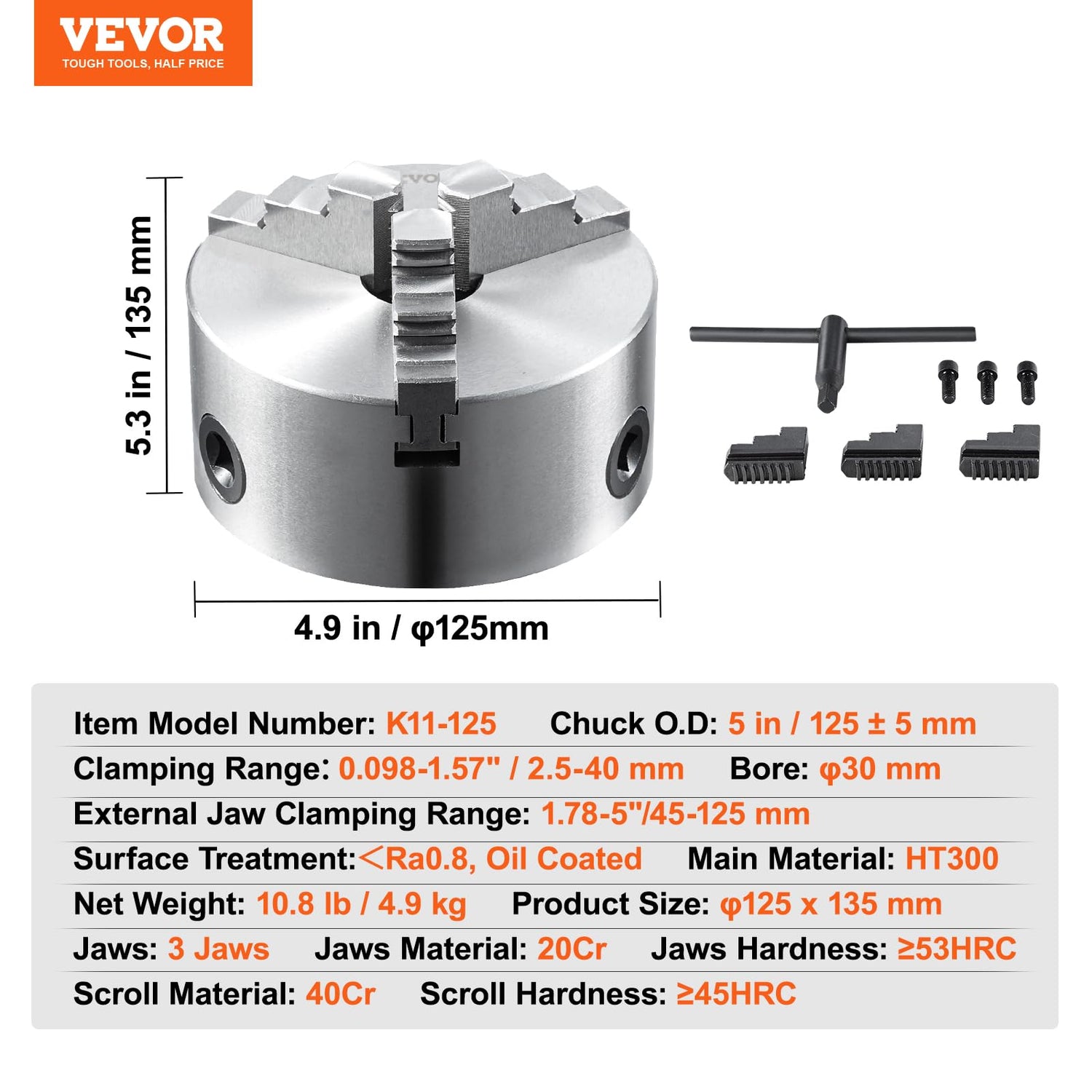 VEVOR 3-Jaw Lathe Chuck, 5'', Self-Centering Lathe Chuck, 0.1-5 in/2.5-125 mm Clamping Range with T-key Fixing Screws Reversible Jaws, for Lathe 3D VEVOR