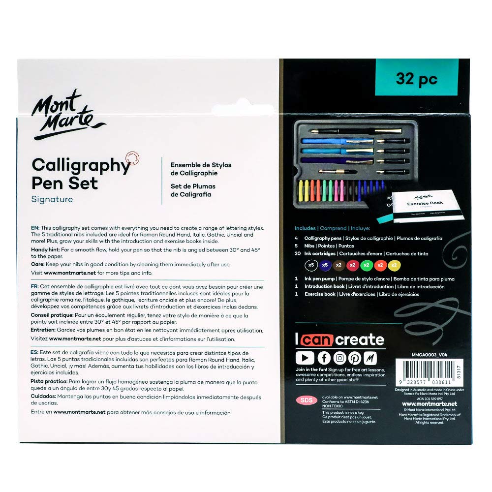 Mont Marte Calligraphy Set, 32 Piece. Includes Calligraphy Pens, Calligraphy Nibs, Ink Cartridges, Introduction Booklet and Exercise Booklet, - WoodArtSupply