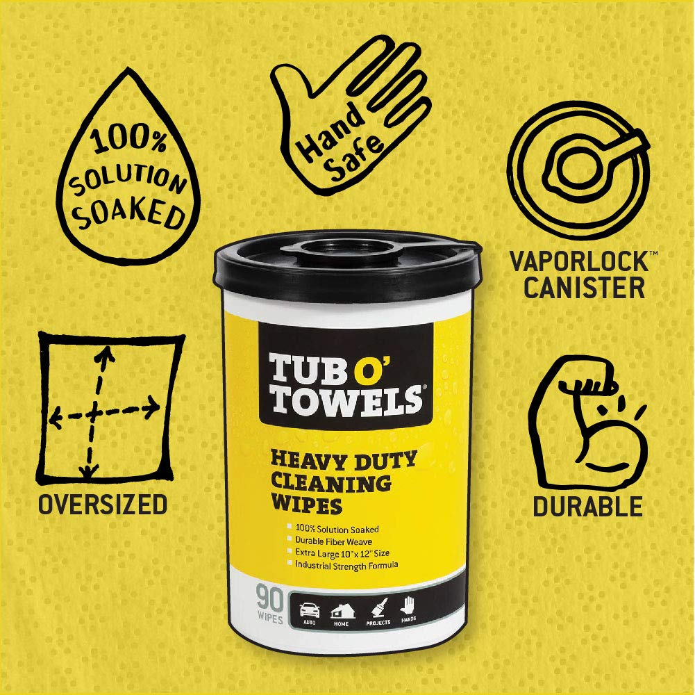 Tub O Towels TW90 Heavy-Duty 10" x 12" Size Multi-Surface Cleaning Wipes, 90 Count Per Canister Tub O' Towels