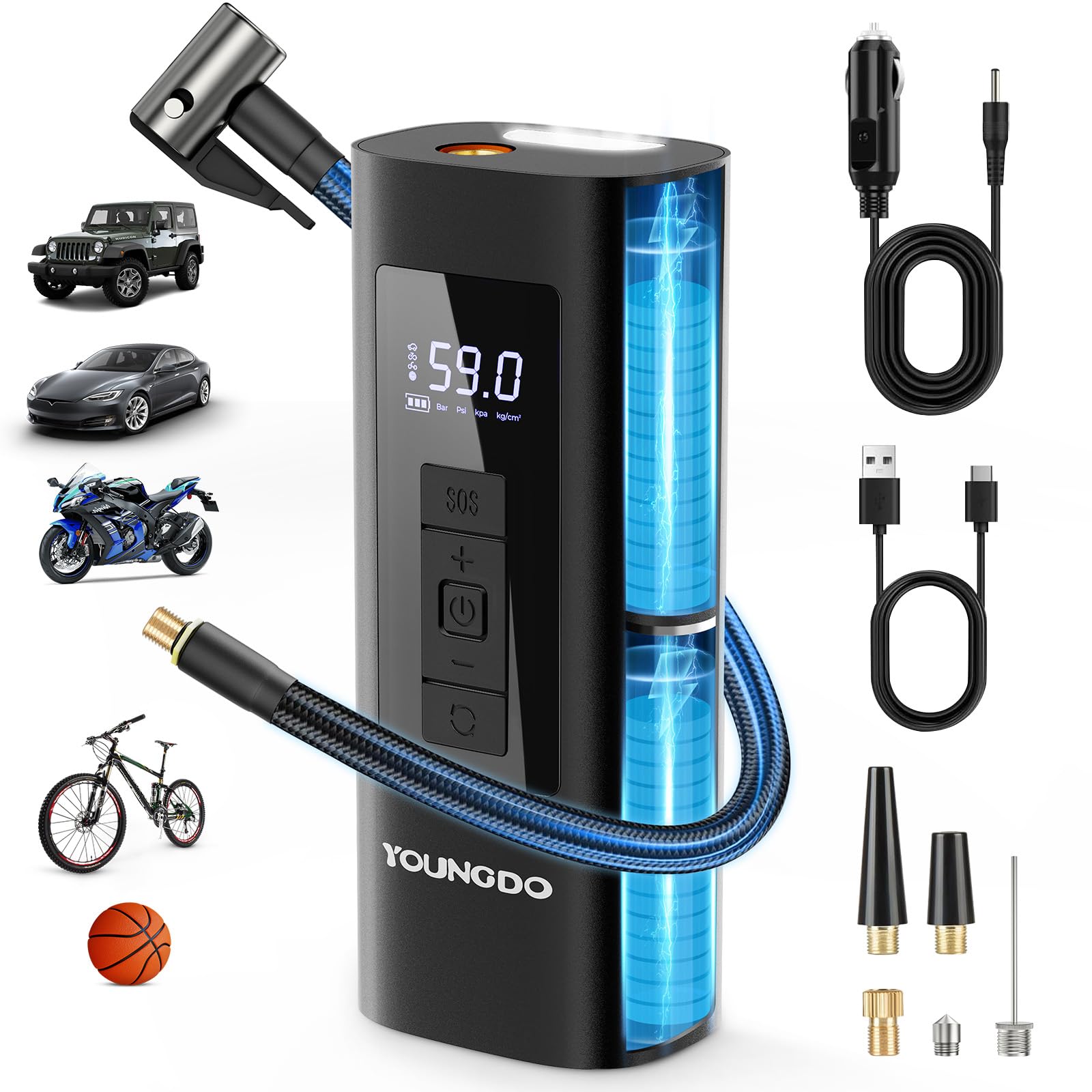 YOUNGDO Tire Inflator Portable Air Compressor, 150 PSI & 6000mAh, Tire Inflator with Pressure Gauge, Quick Inflation for Car,Motorcycle,Bike,Balls, - WoodArtSupply