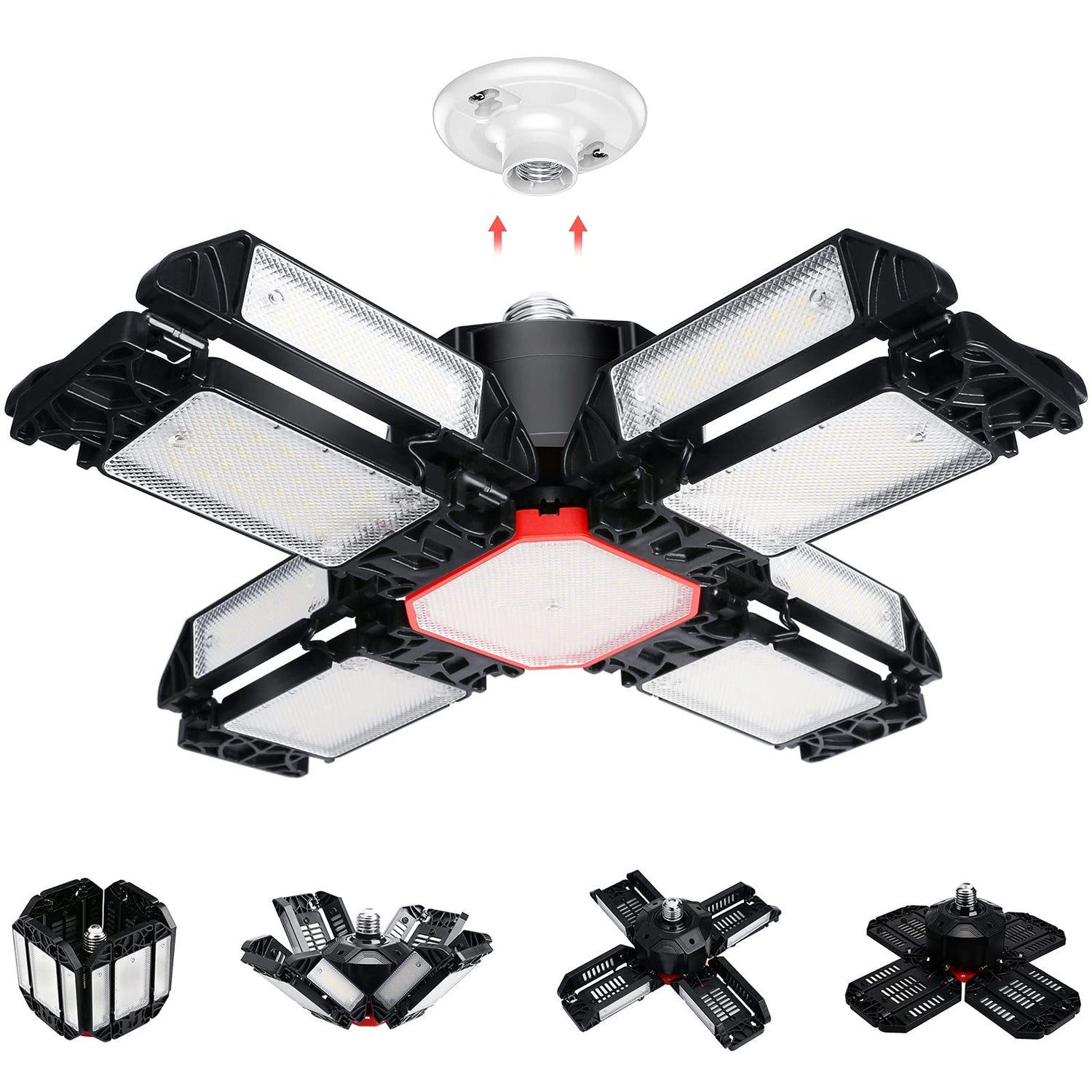 REHAVE Garage Lights Ceiling Led, 12 Panel Plug in Shop Lights with 180W 18000 LM 6500K, 12 Leaf Deformable Multi-Position , E26 E27 Base Ideal for REHAVE