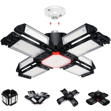 REHAVE Garage Lights Ceiling Led, 12 Panel Plug in Shop Lights with 180W 18000 LM 6500K, 12 Leaf Deformable Multi-Position , E26 E27 Base Ideal for REHAVE