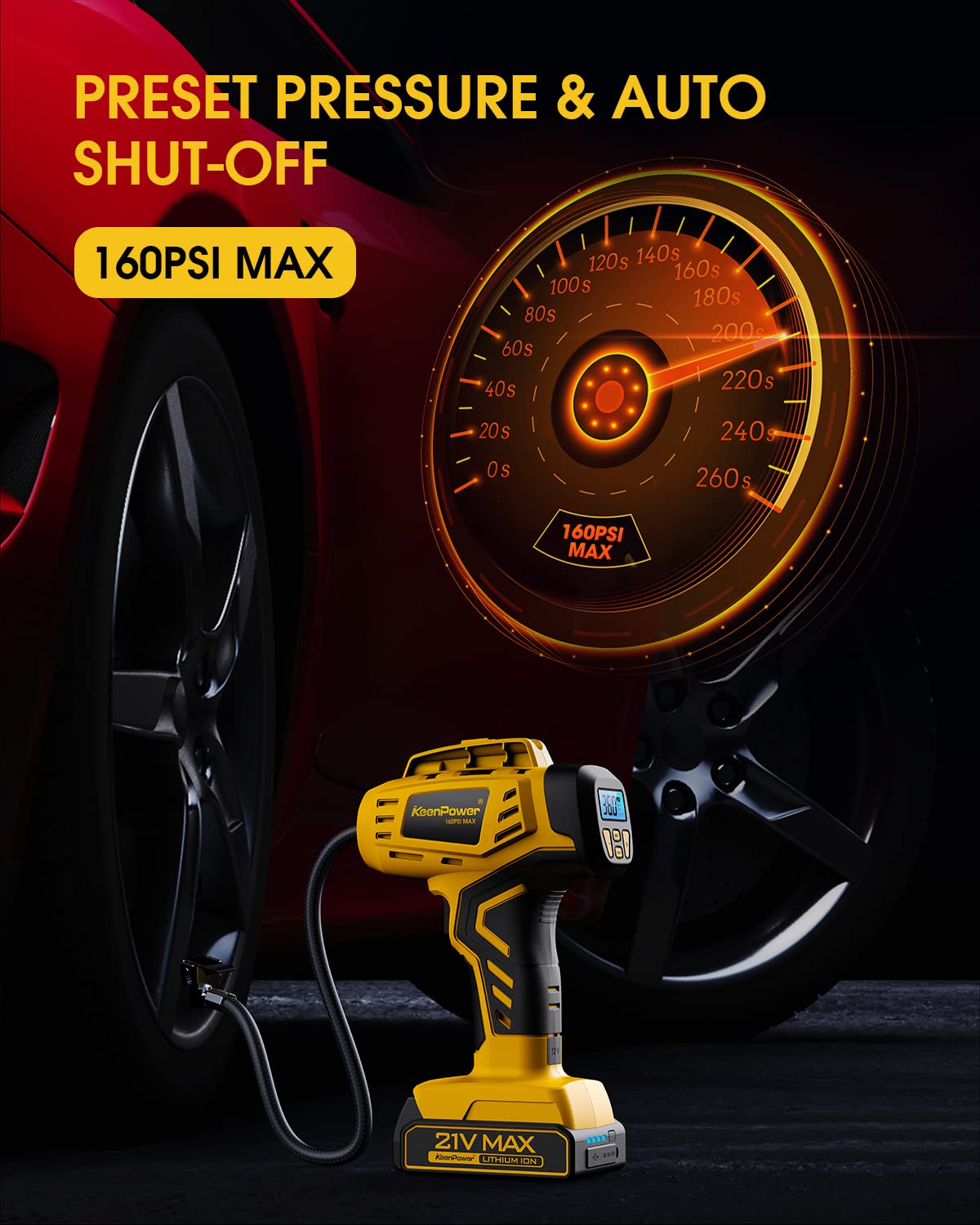 KeenPower Tire Inflator Portable Air Compressor - 2X Faster - 21V Rechargeable Battery Powered Handheld 160PSI Tire Inflator, Dual Power Supply KeenPower