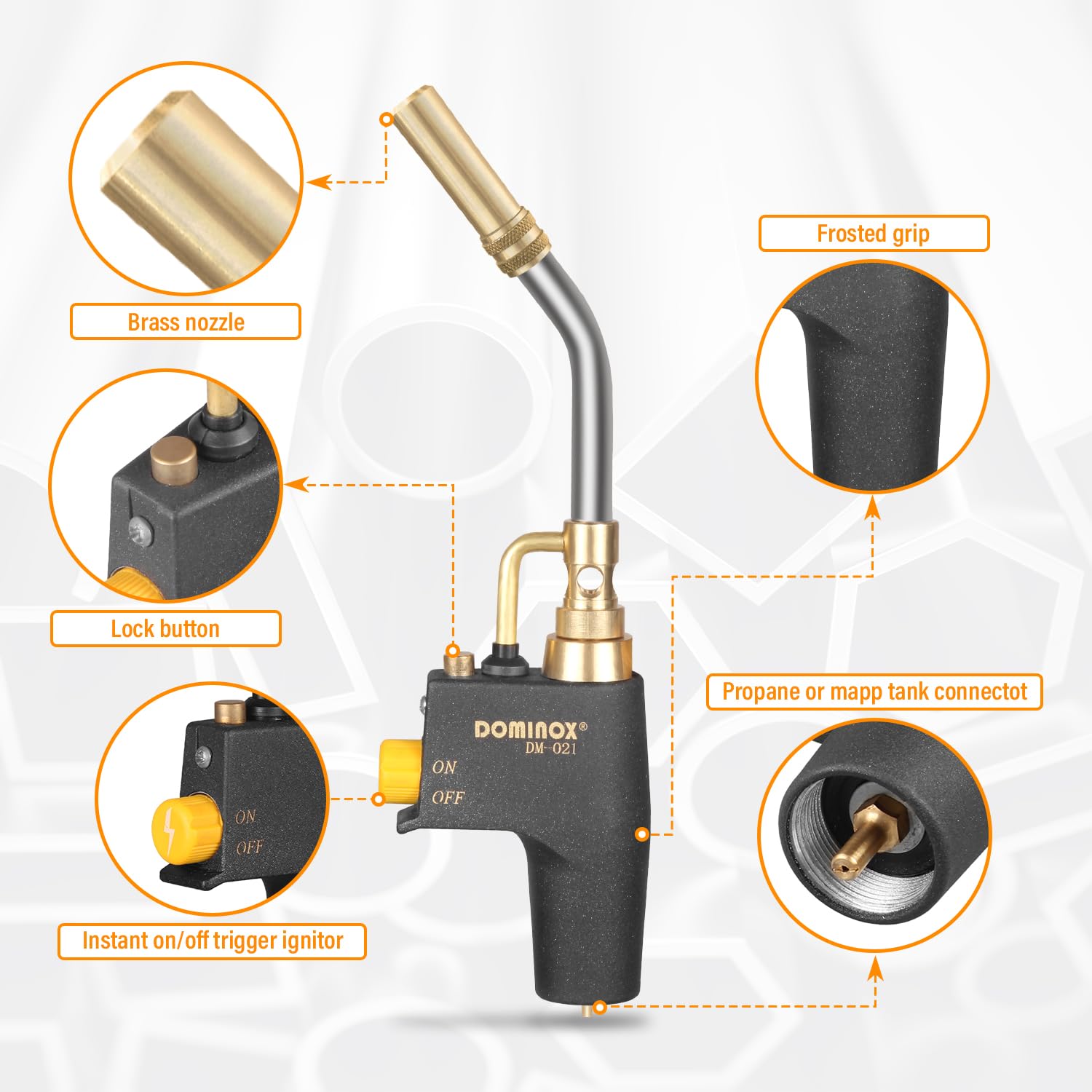 DOMINOX Propane Torch Head for MAP, MAPP and Propane Tank, High Intensity Trigger Start Torch, for Soldering, Ignition, Cooking, Lighting - WoodArtSupply