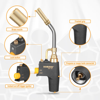 DOMINOX Propane Torch Head for MAP, MAPP and Propane Tank, High Intensity Trigger Start Torch, for Soldering, Ignition, Cooking, Lighting - WoodArtSupply