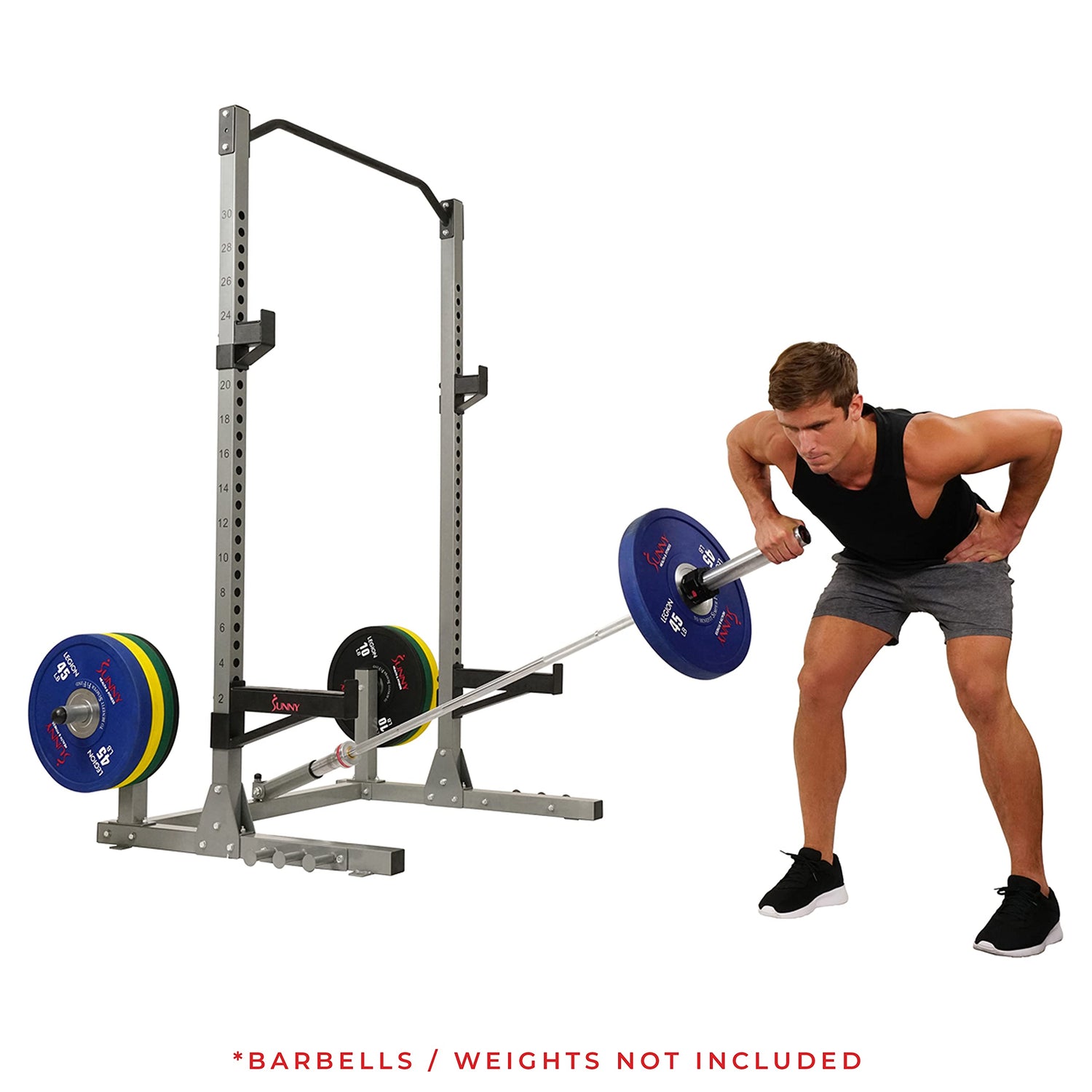 Sunny Health & Fitness Power and Squat Rack with High Weight Capacity, Olympic Weight Plate Storage and 360° Swivel Landmine and Power Band Sunny Health & Fitness