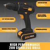 INSPIRITECH 20V Cordless Drill, Power Drill Set with 2 Batteries and Charger,3/8-Inch Chuck Electric Drill Kit with 24-Torque Setting, Drill Driver INSPIRITECH