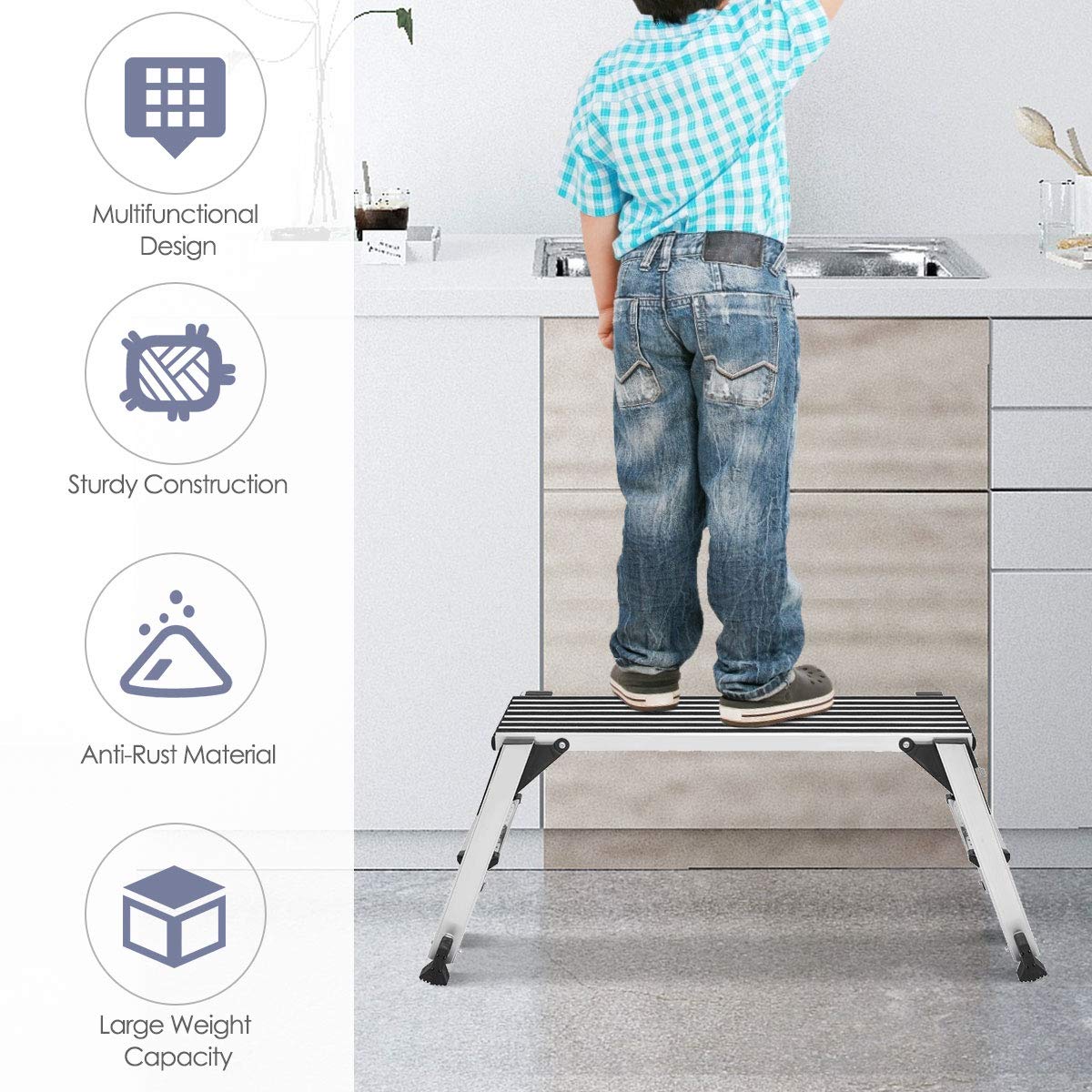 ERGOMASTER Work Platform Bench Aluminum Drywall Safe CE Approved of Capacity 330 LBS Heavy Duty Portable Bench Folding Ladders with Non Skid Rubber ERGOMASTER